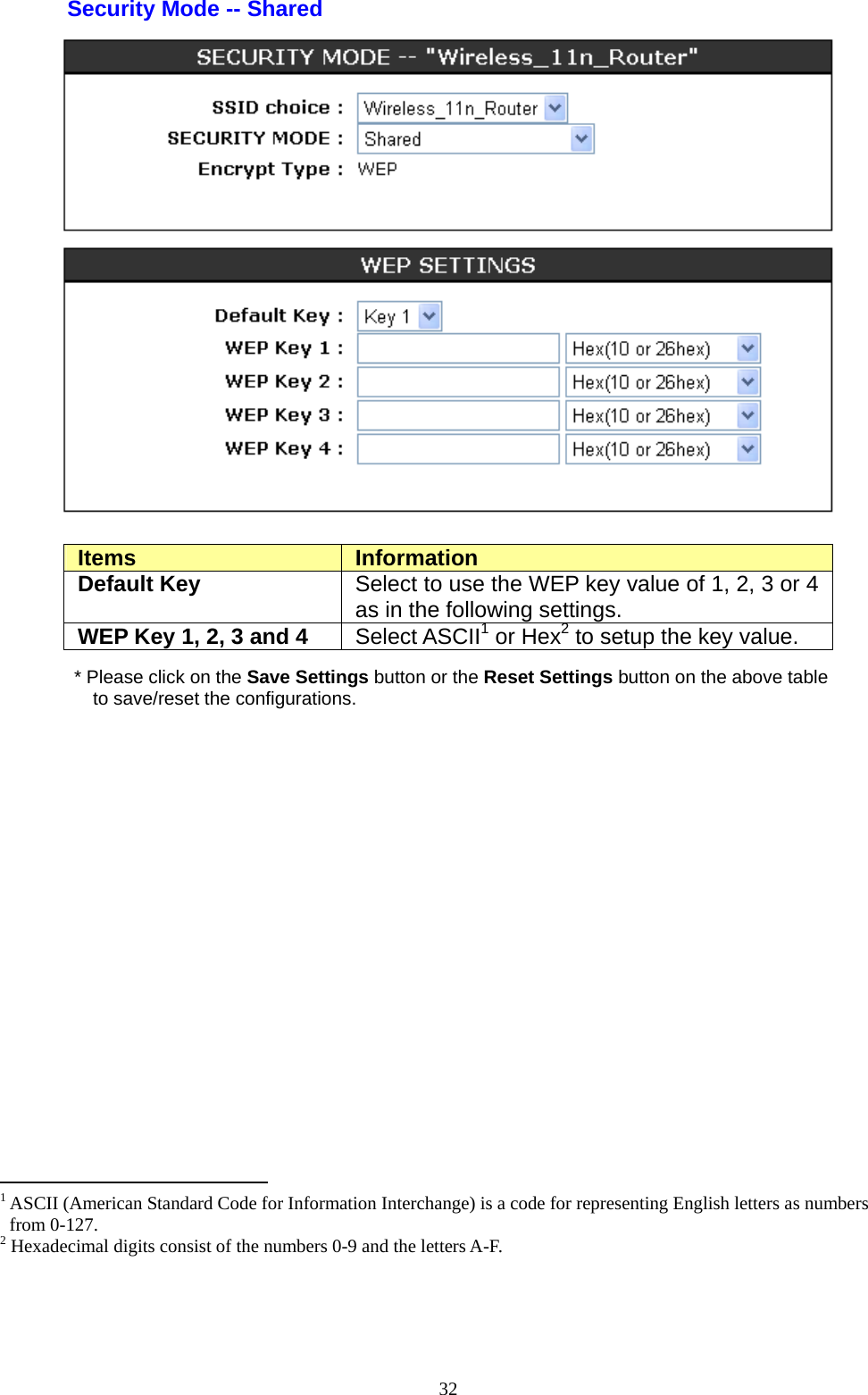  32Security Mode -- Shared    Items  Information Default Key  Select to use the WEP key value of 1, 2, 3 or 4 as in the following settings. WEP Key 1, 2, 3 and 4  Select ASCII1 or Hex2 to setup the key value. * Please click on the Save Settings button or the Reset Settings button on the above table to save/reset the configurations.                                                  1 ASCII (American Standard Code for Information Interchange) is a code for representing English letters as numbers from 0-127. 2 Hexadecimal digits consist of the numbers 0-9 and the letters A-F. 