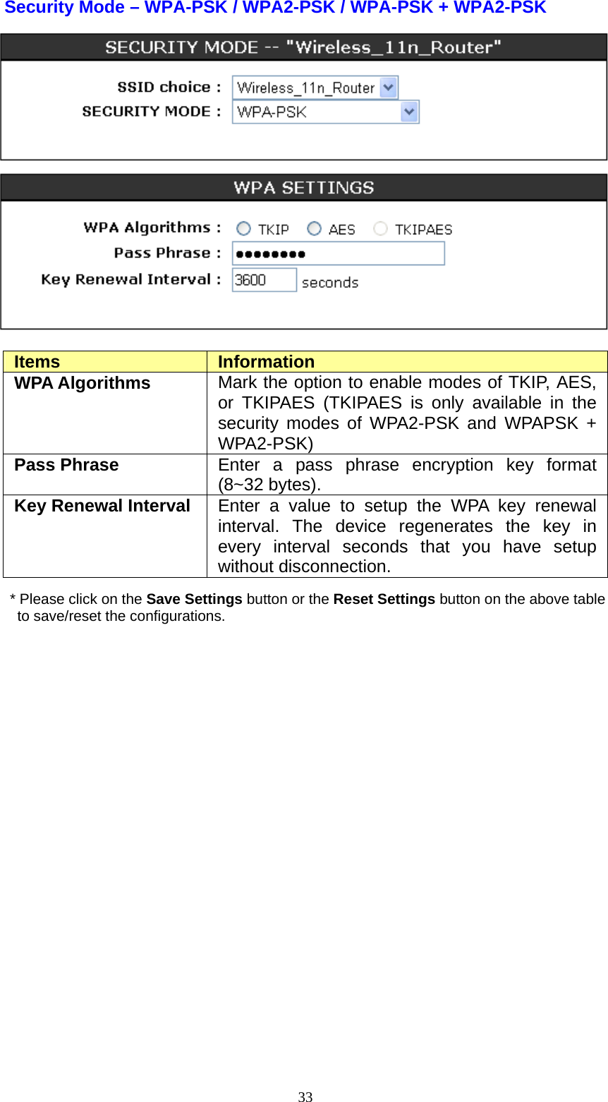   33Security Mode – WPA-PSK / WPA2-PSK / WPA-PSK + WPA2-PSK   Items  Information WPA Algorithms  Mark the option to enable modes of TKIP, AES, or TKIPAES (TKIPAES is only available in the security modes of WPA2-PSK and WPAPSK + WPA2-PSK) Pass Phrase  Enter a pass phrase encryption key format (8~32 bytes). Key Renewal Interval  Enter a value to setup the WPA key renewal interval. The device regenerates the key in every interval seconds that you have setup without disconnection. * Please click on the Save Settings button or the Reset Settings button on the above table   to save/reset the configurations.         