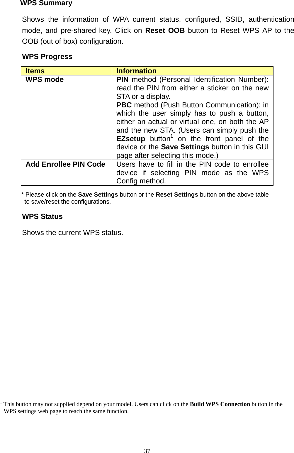  37WPS Summary Shows the information of WPA current status, configured, SSID, authentication mode, and pre-shared key. Click on Reset OOB button to Reset WPS AP to the OOB (out of box) configuration. WPS Progress Items  Information WPS mode  PIN method (Personal Identification Number): read the PIN from either a sticker on the new STA or a display.   PBC method (Push Button Communication): in which the user simply has to push a button, either an actual or virtual one, on both the AP and the new STA. (Users can simply push the EZsetup button1 on the front panel of the device or the Save Settings button in this GUI page after selecting this mode.) Add Enrollee PIN Code  Users have to fill in the PIN code to enrollee device if selecting PIN mode as the WPS Config method.          * Please click on the Save Settings button or the Reset Settings button on the above table   to save/reset the configurations. WPS Status   Shows the current WPS status.                                                    1 This button may not supplied depend on your model. Users can click on the Build WPS Connection button in the WPS settings web page to reach the same function. 