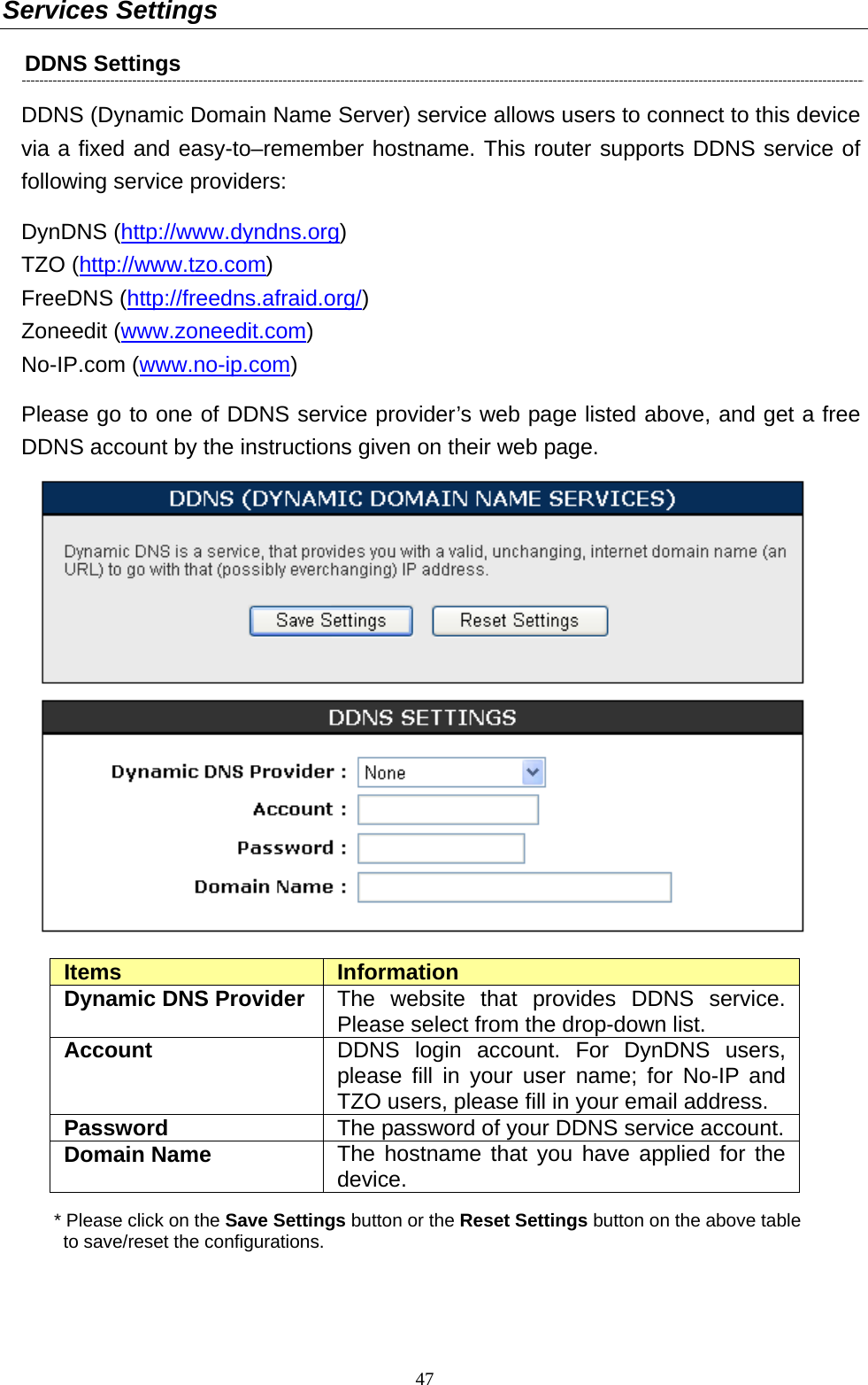   47Services Settings DDNS Settings   DDNS (Dynamic Domain Name Server) service allows users to connect to this device via a fixed and easy-to–remember hostname. This router supports DDNS service of following service providers:   DynDNS (http://www.dyndns.org) TZO (http://www.tzo.com) FreeDNS (http://freedns.afraid.org/) Zoneedit (www.zoneedit.com) No-IP.com (www.no-ip.com) Please go to one of DDNS service provider’s web page listed above, and get a free DDNS account by the instructions given on their web page.   Items  Information Dynamic DNS Provider  The website that provides DDNS service. Please select from the drop-down list. Account  DDNS login account. For DynDNS users, please fill in your user name; for No-IP and TZO users, please fill in your email address. Password  The password of your DDNS service account.Domain Name  The hostname that you have applied for the device. * Please click on the Save Settings button or the Reset Settings button on the above table   to save/reset the configurations.  