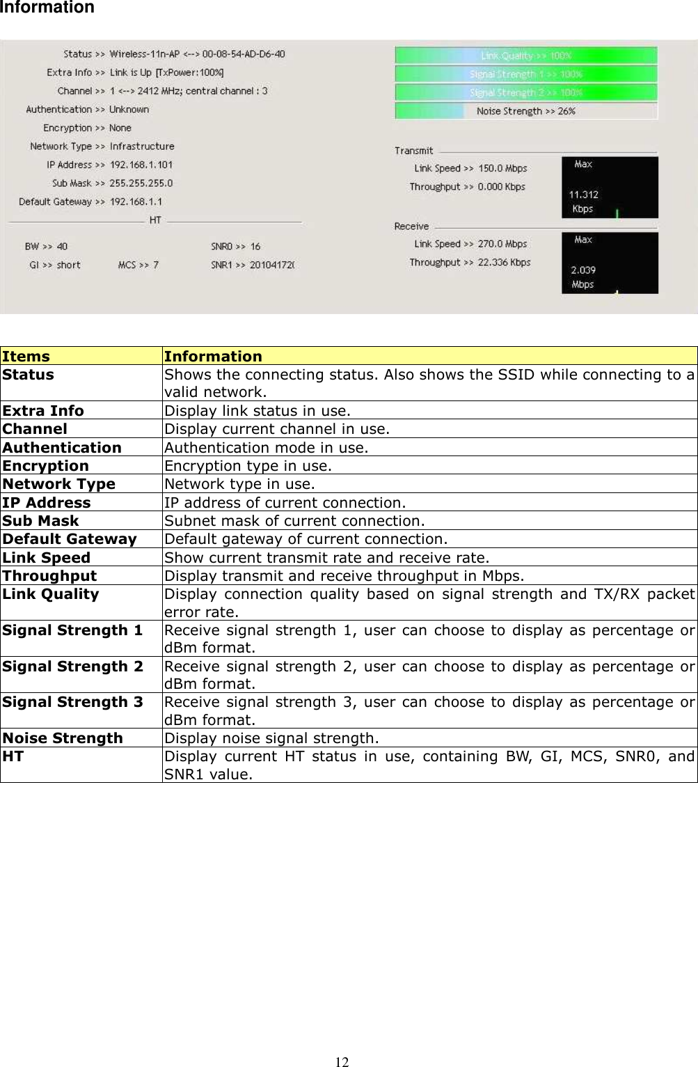  12 Information   Items  Information Status  Shows the connecting status. Also shows the SSID while connecting to a valid network. Extra Info  Display link status in use. Channel  Display current channel in use.   Authentication  Authentication mode in use. Encryption  Encryption type in use. Network Type  Network type in use. IP Address  IP address of current connection. Sub Mask  Subnet mask of current connection. Default Gateway  Default gateway of current connection. Link Speed  Show current transmit rate and receive rate. Throughput  Display transmit and receive throughput in Mbps. Link Quality Display  connection  quality  based  on  signal  strength  and  TX/RX  packet error rate. Signal Strength 1 Receive signal strength 1, user  can choose to display as percentage or dBm format. Signal Strength 2 Receive signal strength 2, user  can choose to display as percentage or dBm format. Signal Strength 3 Receive signal strength 3, user  can choose to display as percentage or dBm format. Noise Strength  Display noise signal strength. HT  Display  current  HT  status  in  use,  containing  BW,  GI,  MCS,  SNR0,  and SNR1 value.    