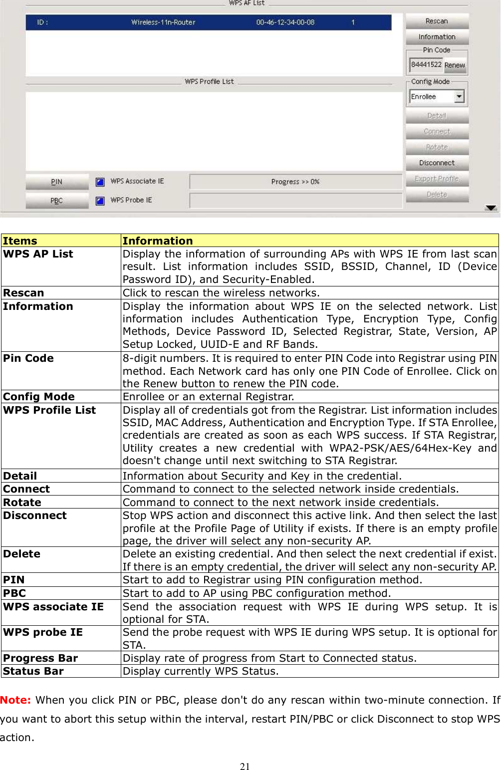  21                 Items  Information WPS AP List Display the information of surrounding APs with WPS IE from last scan result.  List  information  includes  SSID,  BSSID,  Channel,  ID  (Device Password ID), and Security-Enabled. Rescan  Click to rescan the wireless networks. Information Display  the  information  about  WPS  IE  on  the  selected  network.  List information  includes  Authentication  Type,  Encryption  Type,  Config Methods,  Device  Password  ID,  Selected  Registrar,  State,  Version,  AP Setup Locked, UUID-E and RF Bands. Pin Code  8-digit numbers. It is required to enter PIN Code into Registrar using PIN method. Each Network card has only one PIN Code of Enrollee. Click on the Renew button to renew the PIN code. Config Mode  Enrollee or an external Registrar. WPS Profile List  Display all of credentials got from the Registrar. List information includes SSID, MAC Address, Authentication and Encryption Type. If STA Enrollee, credentials are created as soon as each WPS success. If STA Registrar, Utility  creates  a  new  credential  with  WPA2-PSK/AES/64Hex-Key  and doesn&apos;t change until next switching to STA Registrar. Detail  Information about Security and Key in the credential. Connect  Command to connect to the selected network inside credentials.   Rotate  Command to connect to the next network inside credentials. Disconnect Stop WPS action and disconnect this active link. And then select the last profile at the Profile Page of Utility if exists. If there is an empty profile page, the driver will select any non-security AP. Delete Delete an existing credential. And then select the next credential if exist. If there is an empty credential, the driver will select any non-security AP. PIN  Start to add to Registrar using PIN configuration method. PBC  Start to add to AP using PBC configuration method. WPS associate IE Send  the  association  request  with  WPS  IE  during  WPS  setup.  It  is optional for STA. WPS probe IE  Send the probe request with WPS IE during WPS setup. It is optional for STA. Progress Bar  Display rate of progress from Start to Connected status. Status Bar  Display currently WPS Status.  Note: When you click PIN or PBC, please don&apos;t do any rescan within two-minute connection. If you want to abort this setup within the interval, restart PIN/PBC or click Disconnect to stop WPS action. 