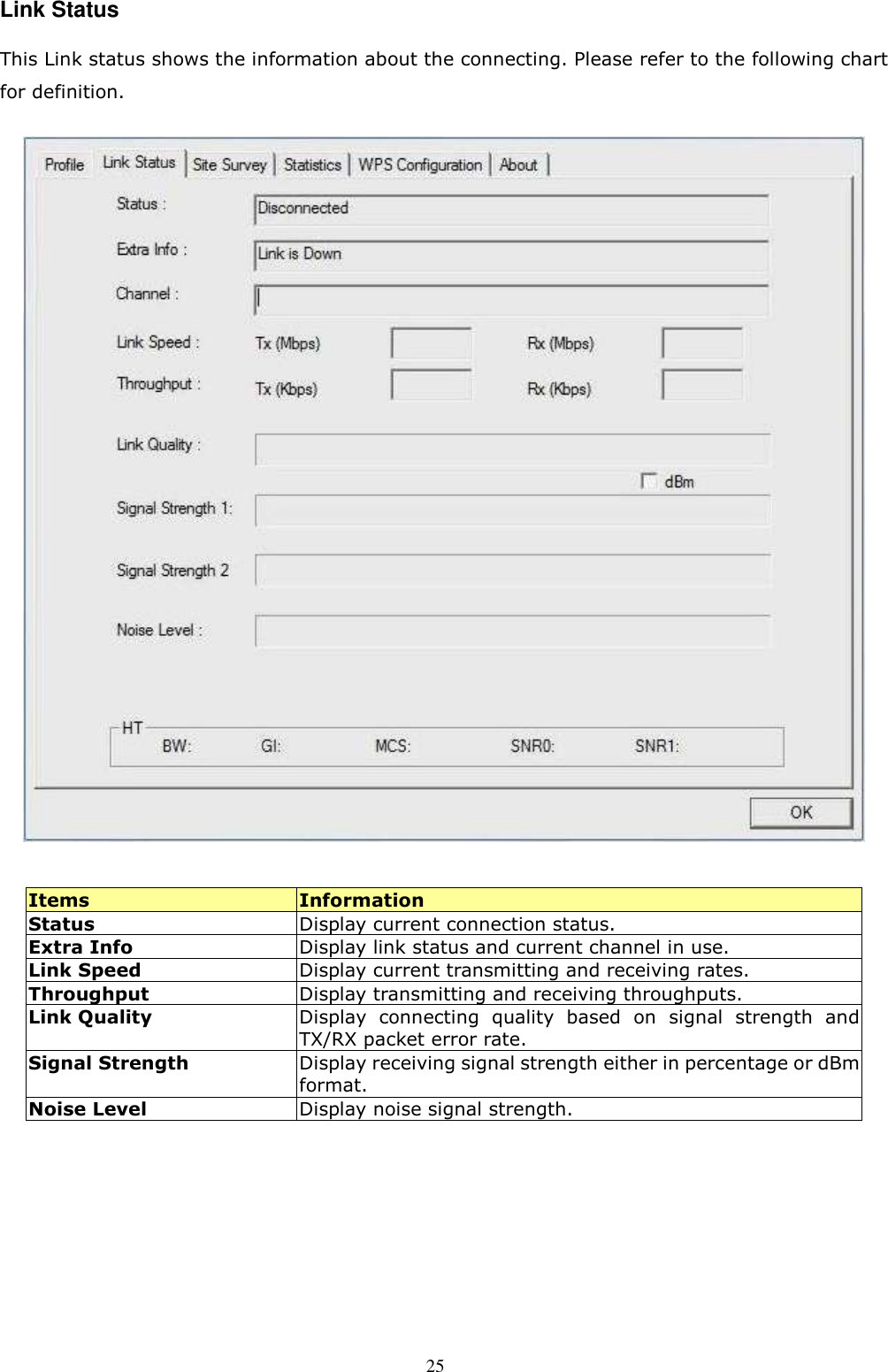  25 Link Status This Link status shows the information about the connecting. Please refer to the following chart for definition.   Items  Information Status  Display current connection status. Extra Info    Display link status and current channel in use. Link Speed  Display current transmitting and receiving rates. Throughput  Display transmitting and receiving throughputs. Link Quality Display  connecting  quality  based  on  signal  strength  and TX/RX packet error rate. Signal Strength Display receiving signal strength either in percentage or dBm format. Noise Level  Display noise signal strength.    