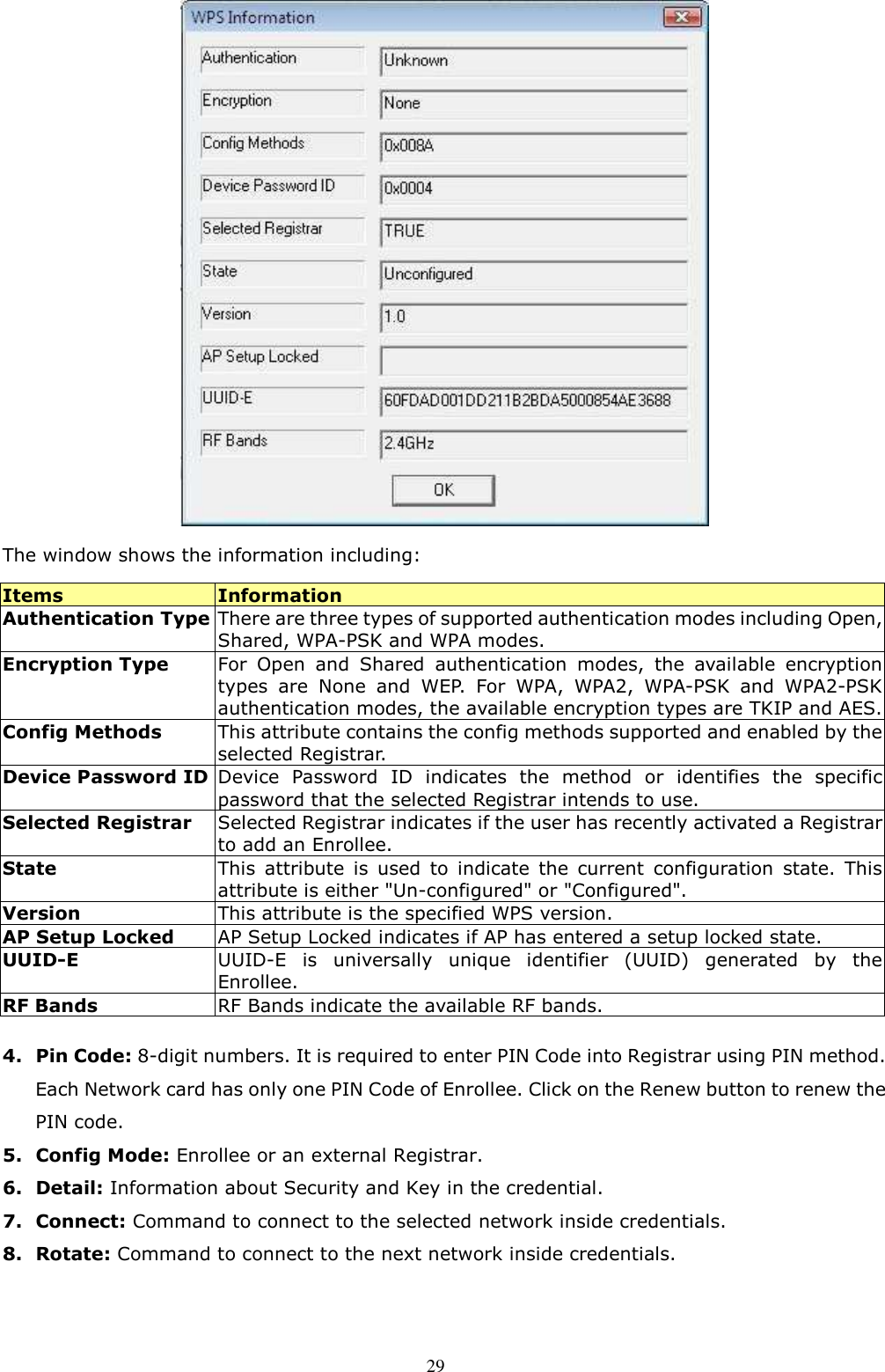  29  The window shows the information including: Items  Information Authentication Type There are three types of supported authentication modes including Open, Shared, WPA-PSK and WPA modes. Encryption Type  For  Open  and  Shared  authentication  modes,  the  available  encryption types  are  None  and  WEP.  For  WPA,  WPA2,  WPA-PSK  and  WPA2-PSK authentication modes, the available encryption types are TKIP and AES. Config Methods  This attribute contains the config methods supported and enabled by the selected Registrar. Device Password ID Device  Password  ID  indicates  the  method  or  identifies  the  specific password that the selected Registrar intends to use.  Selected Registrar  Selected Registrar indicates if the user has recently activated a Registrar to add an Enrollee. State This  attribute  is  used  to  indicate  the  current  configuration  state.  This attribute is either &quot;Un-configured&quot; or &quot;Configured&quot;. Version  This attribute is the specified WPS version.  AP Setup Locked  AP Setup Locked indicates if AP has entered a setup locked state.  UUID-E  UUID-E  is  universally  unique  identifier  (UUID)  generated  by  the Enrollee.  RF Bands  RF Bands indicate the available RF bands.  4. Pin Code: 8-digit numbers. It is required to enter PIN Code into Registrar using PIN method. Each Network card has only one PIN Code of Enrollee. Click on the Renew button to renew the PIN code. 5. Config Mode: Enrollee or an external Registrar. 6. Detail: Information about Security and Key in the credential. 7. Connect: Command to connect to the selected network inside credentials. 8. Rotate: Command to connect to the next network inside credentials. 