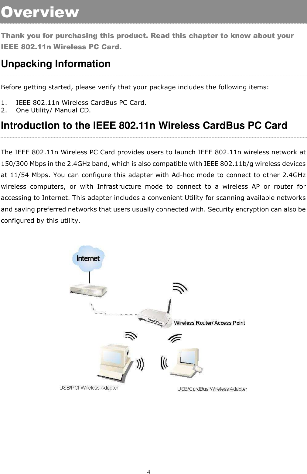  4 Overview Thank you for purchasing this product. Read this chapter to know about your IEEE 802.11n Wireless PC Card. Unpacking Information  Before getting started, please verify that your package includes the following items:  1. IEEE 802.11n Wireless CardBus PC Card. 2. One Utility/ Manual CD. Introduction to the IEEE 802.11n Wireless CardBus PC Card  The IEEE 802.11n Wireless PC Card provides users to launch IEEE 802.11n wireless network at 150/300 Mbps in the 2.4GHz band, which is also compatible with IEEE 802.11b/g wireless devices at 11/54 Mbps. You can configure this adapter with Ad-hoc mode to connect to other 2.4GHz wireless  computers,  or  with  Infrastructure  mode  to  connect  to  a  wireless  AP  or  router  for accessing to Internet. This adapter includes a convenient Utility for scanning available networks and saving preferred networks that users usually connected with. Security encryption can also be configured by this utility.          