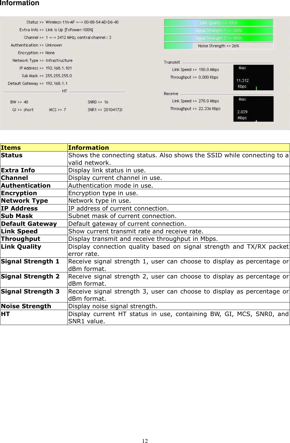  12Information   Items  Information Status  Shows the connecting status. Also shows the SSID while connecting to a valid network. Extra Info  Display link status in use. Channel  Display current channel in use.   Authentication  Authentication mode in use. Encryption  Encryption type in use. Network Type  Network type in use. IP Address  IP address of current connection. Sub Mask  Subnet mask of current connection. Default Gateway  Default gateway of current connection. Link Speed  Show current transmit rate and receive rate. Throughput  Display transmit and receive throughput in Mbps. Link Quality Display  connection  quality  based  on  signal  strength  and  TX/RX  packet error rate. Signal Strength 1 Receive signal strength 1, user can choose to display as percentage or dBm format. Signal Strength 2 Receive signal strength 2, user can choose to display as percentage or dBm format. Signal Strength 3 Receive signal strength 3, user can choose to display as percentage or dBm format. Noise Strength  Display noise signal strength. HT  Display  current  HT  status  in  use,  containing  BW,  GI,  MCS,  SNR0,  and SNR1 value.    