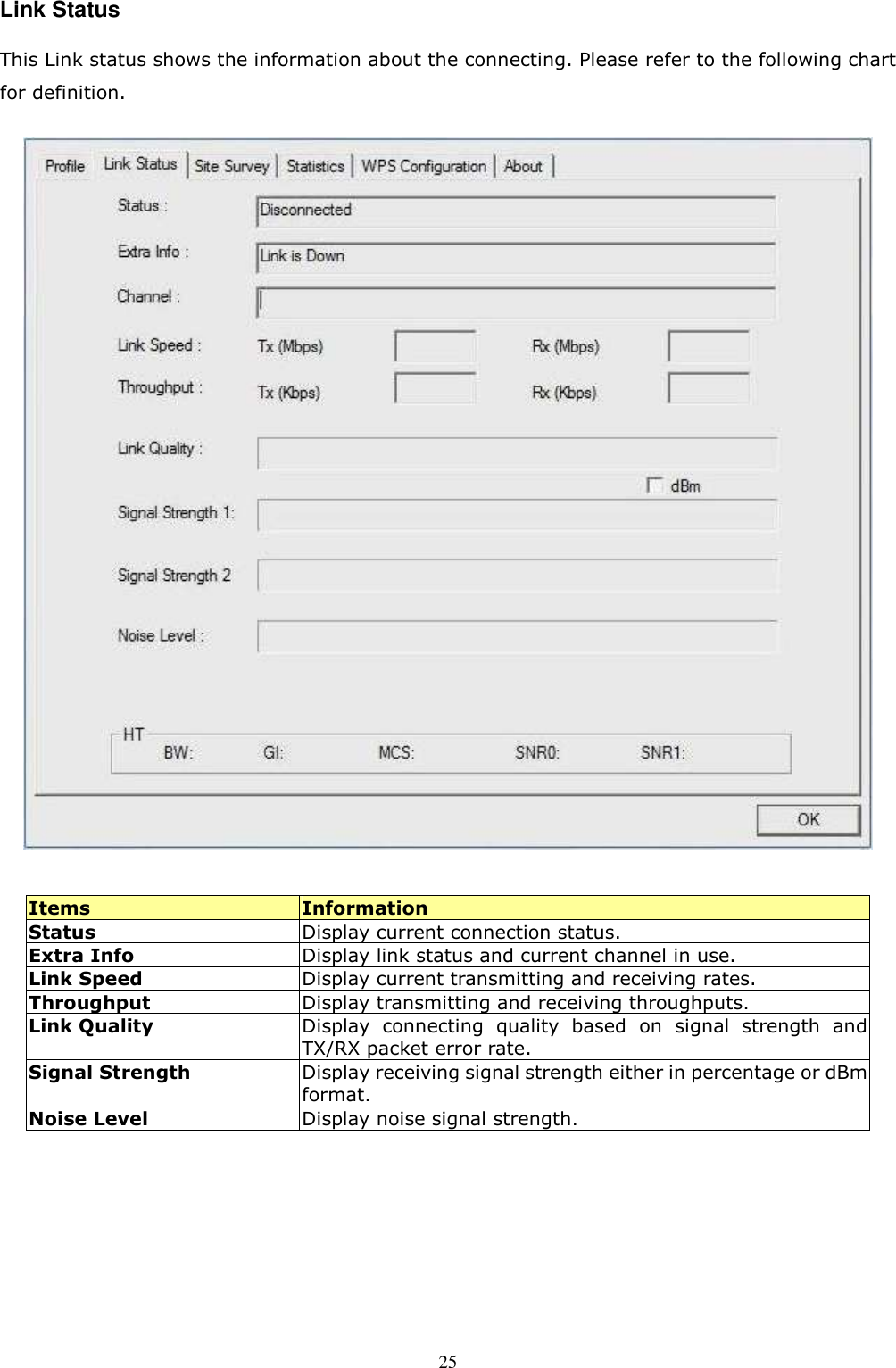  25Link Status This Link status shows the information about the connecting. Please refer to the following chart for definition.   Items  Information Status  Display current connection status. Extra Info    Display link status and current channel in use. Link Speed  Display current transmitting and receiving rates. Throughput  Display transmitting and receiving throughputs. Link Quality Display  connecting  quality  based  on  signal  strength  and TX/RX packet error rate. Signal Strength Display receiving signal strength either in percentage or dBm format. Noise Level  Display noise signal strength.    