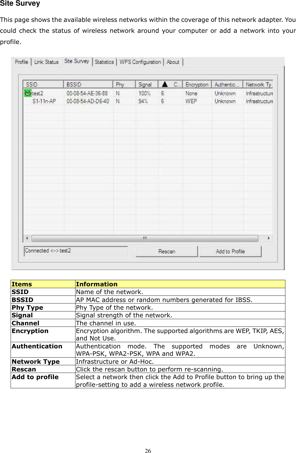  26Site Survey This page shows the available wireless networks within the coverage of this network adapter. You could check the status of wireless network around your computer or add a network into your profile.  Items  Information SSID  Name of the network. BSSID  AP MAC address or random numbers generated for IBSS. Phy Type  Phy Type of the network. Signal  Signal strength of the network. Channel  The channel in use. Encryption Encryption algorithm. The supported algorithms are WEP, TKIP, AES, and Not Use. Authentication Authentication  mode.  The  supported  modes  are  Unknown, WPA-PSK, WPA2-PSK, WPA and WPA2. Network Type  Infrastructure or Ad-Hoc. Rescan  Click the rescan button to perform re-scanning. Add to profile  Select a network then click the Add to Profile button to bring up the profile-setting to add a wireless network profile.       