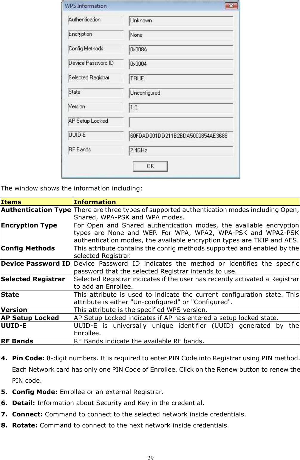  29 The window shows the information including: Items  Information Authentication Type There are three types of supported authentication modes including Open, Shared, WPA-PSK and WPA modes. Encryption Type For  Open  and  Shared  authentication  modes,  the  available  encryption types  are  None  and  WEP.  For  WPA,  WPA2,  WPA-PSK  and  WPA2-PSK authentication modes, the available encryption types are TKIP and AES. Config Methods This attribute contains the config methods supported and enabled by the selected Registrar. Device Password ID Device  Password  ID  indicates  the  method  or  identifies  the  specific password that the selected Registrar intends to use.  Selected Registrar Selected Registrar indicates if the user has recently activated a Registrar to add an Enrollee. State  This  attribute  is  used  to indicate  the  current  configuration  state.  This attribute is either &quot;Un-configured&quot; or &quot;Configured&quot;. Version  This attribute is the specified WPS version.  AP Setup Locked  AP Setup Locked indicates if AP has entered a setup locked state.  UUID-E  UUID-E  is  universally  unique  identifier  (UUID)  generated  by  the Enrollee.  RF Bands  RF Bands indicate the available RF bands.  4. Pin Code: 8-digit numbers. It is required to enter PIN Code into Registrar using PIN method. Each Network card has only one PIN Code of Enrollee. Click on the Renew button to renew the PIN code. 5. Config Mode: Enrollee or an external Registrar. 6. Detail: Information about Security and Key in the credential. 7. Connect: Command to connect to the selected network inside credentials. 8. Rotate: Command to connect to the next network inside credentials. 