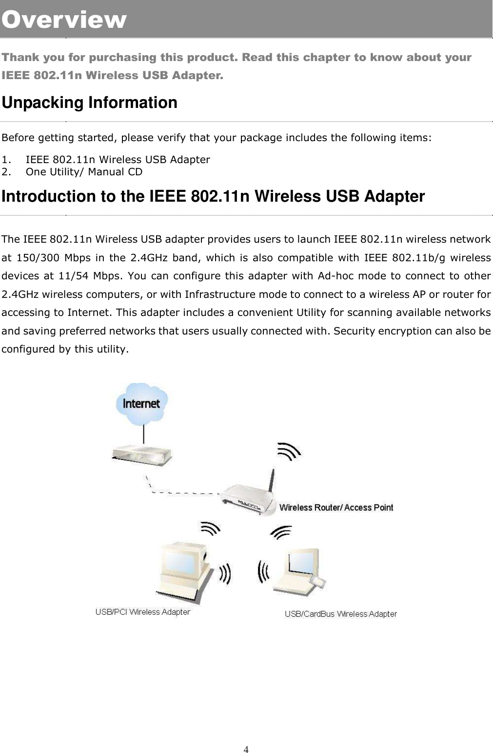  4 Overview Thank you for purchasing this product. Read this chapter to know about your IEEE 802.11n Wireless USB Adapter. Unpacking Information Before getting started, please verify that your package includes the following items: 1. IEEE 802.11n Wireless USB Adapter 2. One Utility/ Manual CD Introduction to the IEEE 802.11n Wireless USB Adapter  The IEEE 802.11n Wireless USB adapter provides users to launch IEEE 802.11n wireless network at 150/300 Mbps  in  the 2.4GHz  band, which is also  compatible with  IEEE 802.11b/g  wireless devices at 11/54 Mbps. You can configure this adapter with Ad-hoc mode to connect to other 2.4GHz wireless computers, or with Infrastructure mode to connect to a wireless AP or router for accessing to Internet. This adapter includes a convenient Utility for scanning available networks and saving preferred networks that users usually connected with. Security encryption can also be configured by this utility.         