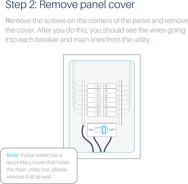OFFONStep 2: Remove panel coverRemove the screws on the corners of the panel and remove the cover. After you do this, you should see the wires going into each breaker and main lines from the utility..Note: If your panel has a secondary cover that hides the main utility line, please remove that as well.