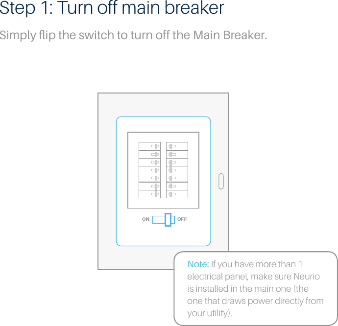 OFFONStep 1: Turn off main breakerSimply ﬂip the switch to turn off the Main Breaker.Note: If you have more than 1 electrical panel, make sure Neurio is installed in the main one (the one that draws power directly from your utility).