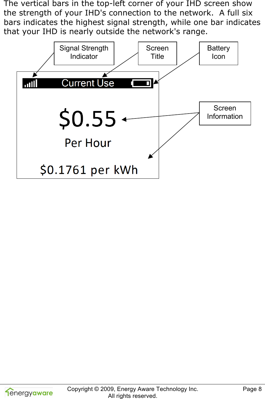  Copyright &copy; 2009, Energy Aware Technology Inc.  All rights reserved.     Page 8  The vertical bars in the top-left corner of your IHD screen show the strength of your IHD's connection to the network.  A full six bars indicates the highest signal strength, while one bar indicates that your IHD is nearly outside the network's range.     Battery Icon Screen Title Signal Strength Indicator Screen Information 