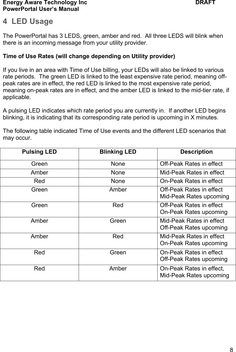 Energy Aware Technology Inc    DRAFT PowerPortal User&rsquo;s Manual  8 4  LED Usage  The PowerPortal has 3 LEDS, green, amber and red.  All three LEDS will blink when there is an incoming message from your utility provider.  Time of Use Rates (will change depending on Utility provider)  If you live in an area with Time of Use billing, your LEDs will also be linked to various rate periods.  The green LED is linked to the least expensive rate period, meaning off-peak rates are in effect, the red LED is linked to the most expensive rate period, meaning on-peak rates are in effect, and the amber LED is linked to the mid-tier rate, if applicable.    A pulsing LED indicates which rate period you are currently in.  If another LED begins blinking, it is indicating that its corresponding rate period is upcoming in X minutes.    The following table indicated Time of Use events and the different LED scenarios that may occur.  Pulsing LED Blinking LED Description Green None Off-Peak Rates in effect Amber None Mid-Peak Rates in effect Red None On-Peak Rates in effect Green Amber Off-Peak Rates in effect Mid-Peak Rates upcoming Green Red Off-Peak Rates in effect On-Peak Rates upcoming Amber Green Mid-Peak Rates in effect  Off-Peak Rates upcoming Amber Red Mid-Peak Rates in effect On-Peak Rates upcoming Red Green On-Peak Rates in effect Off-Peak Rates upcoming Red Amber On-Peak Rates in effect, Mid-Peak Rates upcoming   
