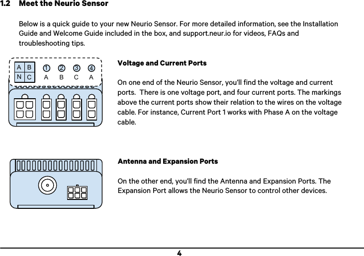  4 1.2 Meet the Neurio Sensor  Below is a quick guide to your new Neurio Sensor. For more detailed information, see the Installation Guide and Welcome Guide included in the box, and support.neur.io for videos, FAQs and troubleshooting tips.  Voltage and Current Ports  On one end of the Neurio Sensor, you&rsquo;ll find the voltage and current ports.  There is one voltage port, and four current ports. The markings above the current ports show their relation to the wires on the voltage cable. For instance, Current Port 1 works with Phase A on the voltage cable.      Antenna and Expansion Ports  On the other end, you&rsquo;ll find the Antenna and Expansion Ports. The Expansion Port allows the Neurio Sensor to control other devices.       