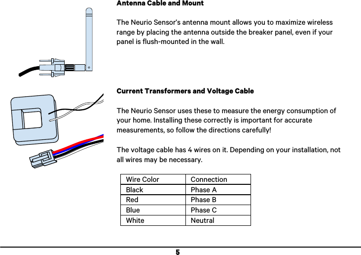  5 Antenna Cable and Mount  The Neurio Sensor&rsquo;s antenna mount allows you to maximize wireless range by placing the antenna outside the breaker panel, even if your panel is flush-mounted in the wall.      Current Transformers and Voltage Cable  The Neurio Sensor uses these to measure the energy consumption of your home. Installing these correctly is important for accurate measurements, so follow the directions carefully!  The voltage cable has 4 wires on it. Depending on your installation, not all wires may be necessary.         Wire Color Connection Black Phase A Red Phase B Blue Phase C White Neutral 