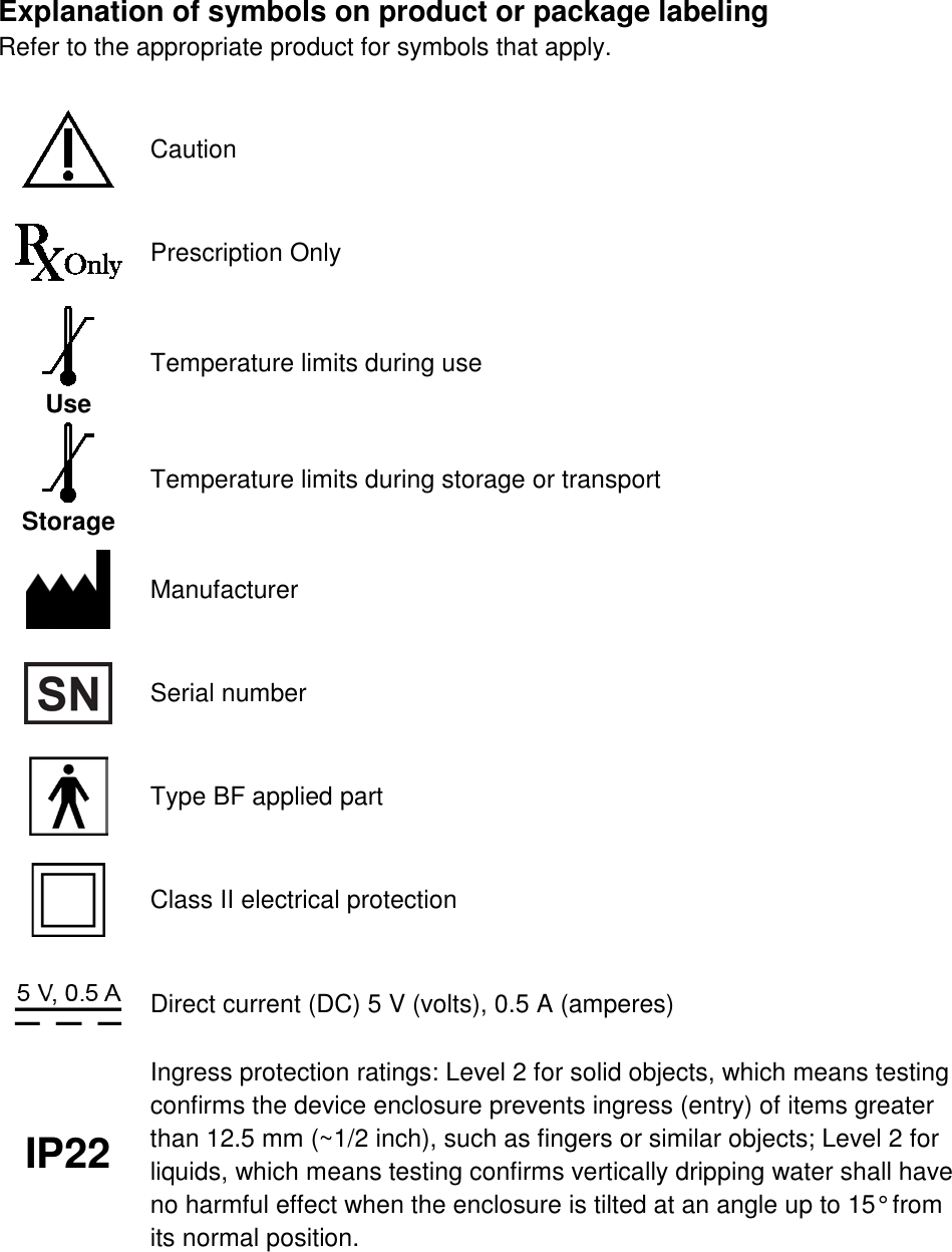  Explanation of symbols on product or package labeling Refer to the appropriate product for symbols that apply.   Caution  Prescription Only  Use Temperature limits during use  Storage Temperature limits during storage or transport  Manufacturer  Serial number  Type BF applied part  Class II electrical protection   Direct current (DC) 5 V (volts), 0.5 A (amperes) IP22 Ingress protection ratings: Level 2 for solid objects, which means testing confirms the device enclosure prevents ingress (entry) of items greater than 12.5 mm (~1/2 inch), such as fingers or similar objects; Level 2 for liquids, which means testing confirms vertically dripping water shall have no harmful effect when the enclosure is tilted at an angle up to 15° from its normal position. 