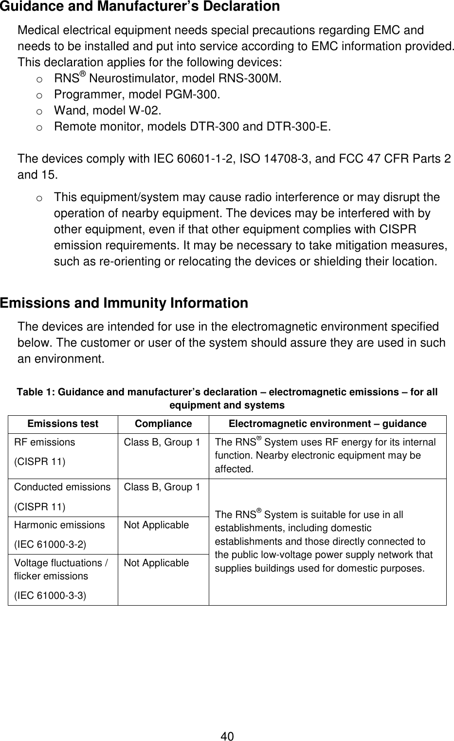  40 Guidance and Manufacturer’s Declaration Medical electrical equipment needs special precautions regarding EMC and needs to be installed and put into service according to EMC information provided. This declaration applies for the following devices: o RNS® Neurostimulator, model RNS-300M. o Programmer, model PGM-300. o Wand, model W-02. o Remote monitor, models DTR-300 and DTR-300-E.  The devices comply with IEC 60601-1-2, ISO 14708-3, and FCC 47 CFR Parts 2 and 15.  o This equipment/system may cause radio interference or may disrupt the operation of nearby equipment. The devices may be interfered with by other equipment, even if that other equipment complies with CISPR emission requirements. It may be necessary to take mitigation measures, such as re-orienting or relocating the devices or shielding their location. Emissions and Immunity Information The devices are intended for use in the electromagnetic environment specified below. The customer or user of the system should assure they are used in such an environment.  Table 1: Guidance and manufacturer’s declaration – electromagnetic emissions – for all equipment and systems Emissions test Compliance Electromagnetic environment – guidance RF emissions (CISPR 11) Class B, Group 1 The RNS® System uses RF energy for its internal function. Nearby electronic equipment may be affected. Conducted emissions (CISPR 11) Class B, Group 1 The RNS® System is suitable for use in all establishments, including domestic establishments and those directly connected to the public low-voltage power supply network that supplies buildings used for domestic purposes. Harmonic emissions (IEC 61000-3-2) Not Applicable Voltage fluctuations / flicker emissions (IEC 61000-3-3) Not Applicable   