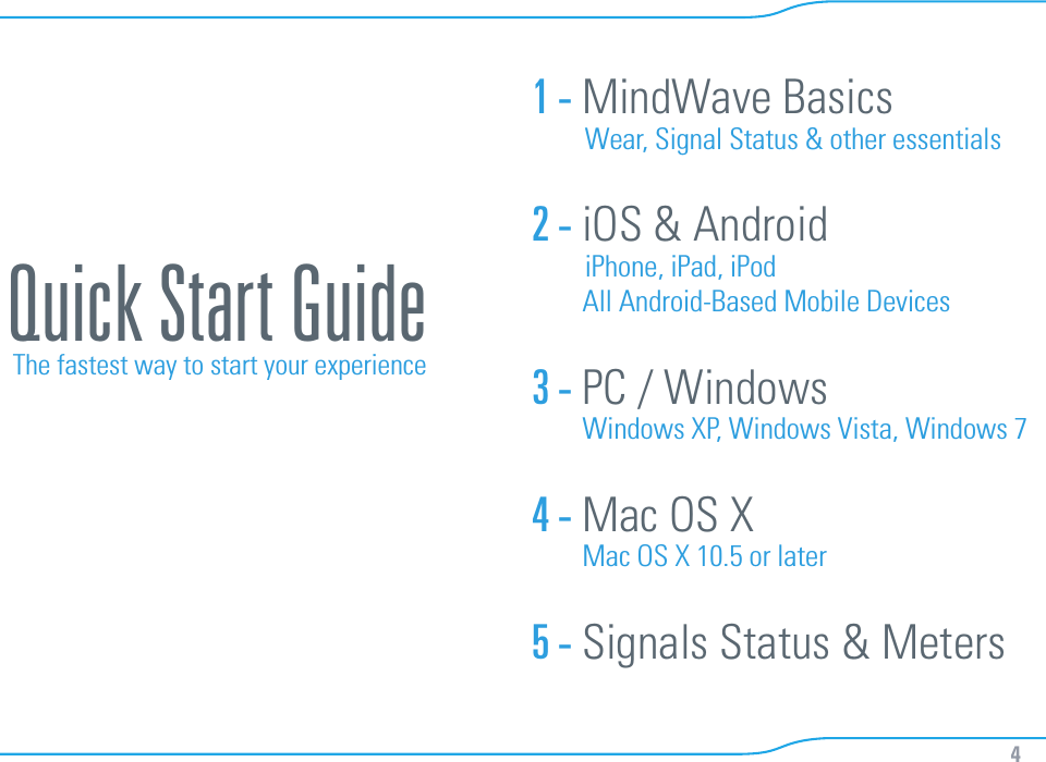 4Quick Start Guide The fastest way to start your experience1 - MindWave Basics        Wear, Signal Status &amp; other essentials2 - iOS &amp; Android        iPhone, iPad, iPod  All Android-Based Mobile Devices3 - PC / Windows  Windows XP, Windows Vista, Windows 74 - Mac OS X  Mac OS X 10.5 or later5 - Signals Status &amp; Meters  