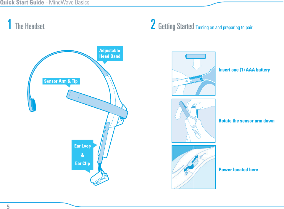 Quick Start Guide - MindWave Basics5Insert one (1) AAA batteryRotate the sensor arm downPower located here2 Getting Started Turning on and preparing to pair1 The Headset