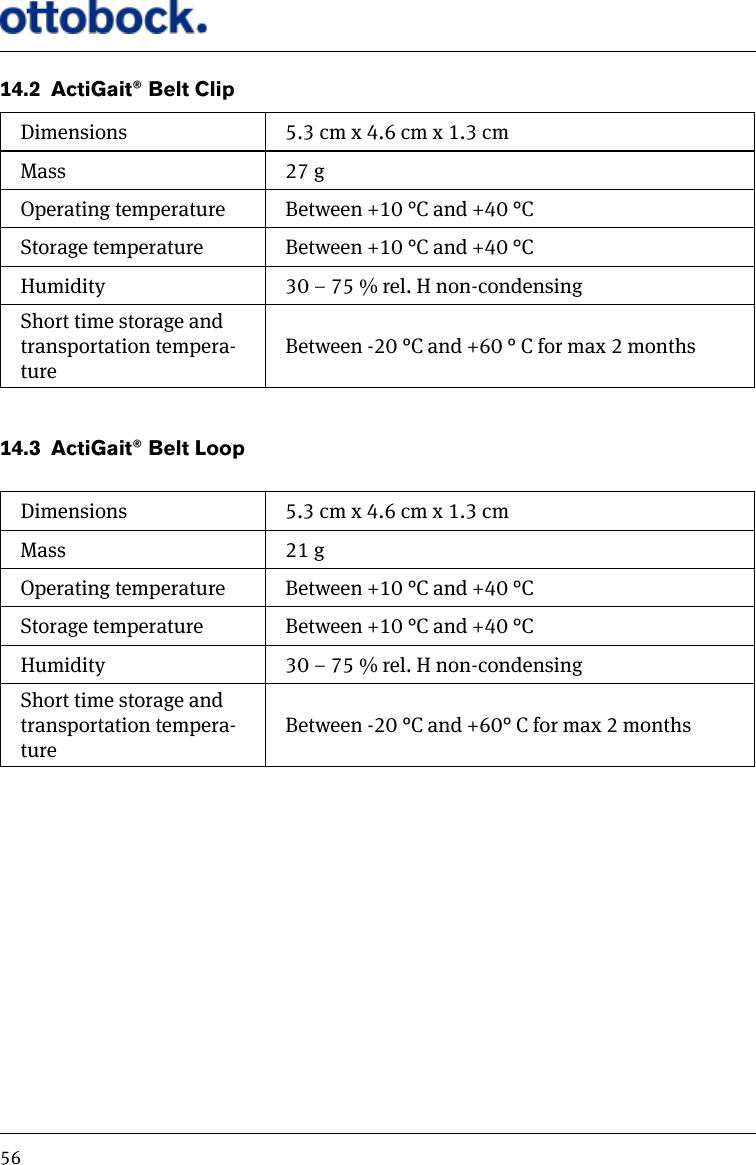 5614.2  ActiGait&reg; Belt ClipDimensions 5.3 cm x 4.6 cm x 1.3 cmMass 27 gOperating temperature Between +10 &deg;C and +40 &deg;CStorage temperature  Between +10 &deg;C and +40 &deg;CHumidity 30 &ndash; 75 % rel. H non-condensingShort time storage and transportation tempera-ture Between -20 &deg;C and +60 &deg; C for max 2 months14.3  ActiGait&reg; Belt LoopDimensions 5.3 cm x 4.6 cm x 1.3 cmMass 21 gOperating temperature Between +10 &deg;C and +40 &deg;CStorage temperature Between +10 &deg;C and +40 &deg;CHumidity 30 &ndash; 75 % rel. H non-condensingShort time storage and transportation tempera-tureBetween -20 &deg;C and +60&deg; C for max 2 months