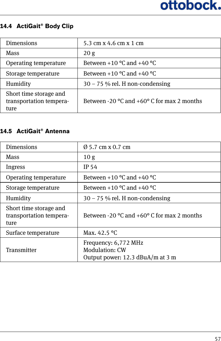 5714.4   ActiGait&reg; Body ClipDimensions 5.3 cm x 4.6 cm x 1 cmMass 20 gOperating temperature Between +10 &deg;C and +40 &deg;CStorage temperature Between +10 &deg;C and +40 &deg;CHumidity 30 &ndash; 75 % rel. H non-condensingShort time storage and transportation tempera-tureBetween -20 &deg;C and +60&deg; C for max 2 months14.5   ActiGait&reg; AntennaDimensions &Oslash; 5.7 cm x 0.7 cmMass 10 gIngress IP 54Operating temperature Between +10 &deg;C and +40 &deg;CStorage temperature Between +10 &deg;C and +40 &deg;CHumidity 30 &ndash; 75 % rel. H non-condensingShort time storage and transportation tempera-tureBetween -20 &deg;C and +60&deg; C for max 2 monthsSurface temperature Max. 42.5 &deg;CTransmitterFrequency: 6,772 MHzModulation: CWOutput power: 12.3 dBuA/m at 3 m