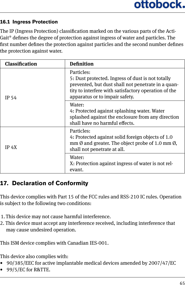 6516.1  Ingress ProtectionThe IP (Ingress Protection) classication marked on the various parts of the Acti-Gait&reg; denes the degree of protection against ingress of water and particles. The rst number denes the protection against particles and the second number denes the protection against water. Classication DenitionIP 54Particles:5: Dust protected. Ingress of dust is not totally prevented, but dust shall not penetrate in a quan-tity to interfere with satisfactory operation of the apparatus or to impair safety.Water:4: Protected against splashing water. Water splashed against the enclosure from any direction shall have no harmful eects.IP 4XParticles: 4: Protected against solid foreign objects of 1.0 mm &Oslash; and greater. The object probe of 1.0 mm &Oslash;, shall not penetrate at all.Water: X: Protection against ingress of water is not rel-evant.17.   Declaration of ConformityThis device complies with Part 15 of the FCC rules and RSS-210 IC rules. Operation is subject to the following two conditions: 1. This device may not cause harmful interference. 2. This device must accept any interference received, including interference that may cause undesired operation. This ISM device complies with Canadian IES-001.This device also complies with:&bull;  90/385/EEC for active implantable medical devices amended by 2007/47/EC&bull;  99/5/EC for R&amp;TTE.