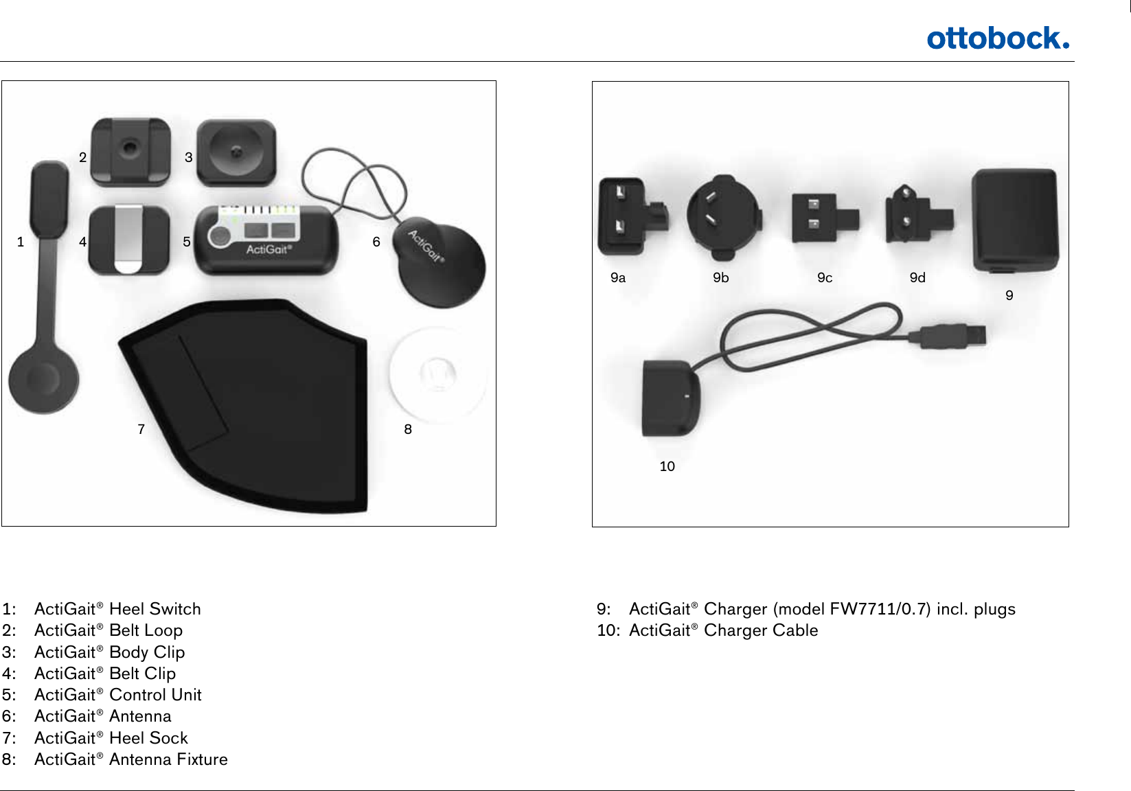 12 34 5 67 81:  ActiGait&reg; Heel Switch2:  ActiGait&reg; Belt Loop3:  ActiGait&reg; Body Clip4:  ActiGait&reg; Belt Clip5:  ActiGait&reg; Control Unit6:  ActiGait&reg; Antenna7:  ActiGait&reg; Heel Sock8:  ActiGait&reg; Antenna Fixture   9:  ActiGait&reg; Charger (model FW7711/0.7) incl. plugs10:  ActiGait&reg; Charger Cable9a 9b 9c 9d910