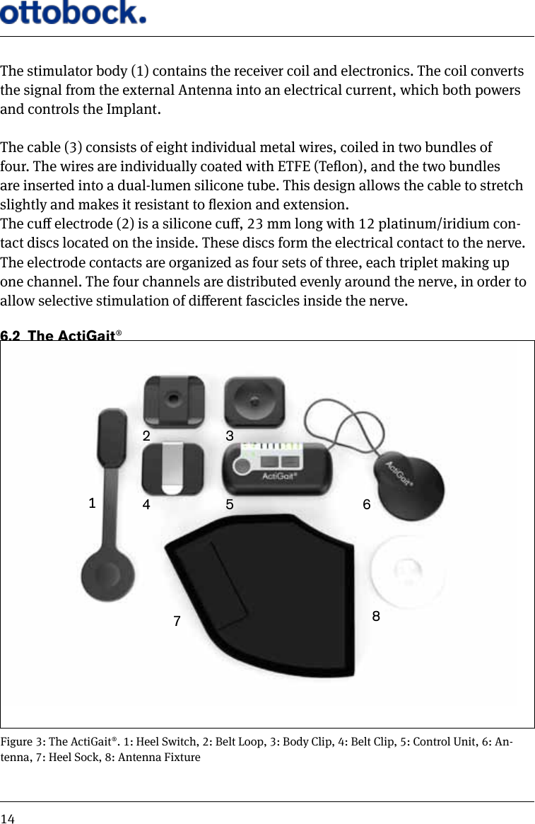 14The stimulator body (1) contains the receiver coil and electronics. The coil converts the signal from the external Antenna into an electrical current, which both powers and controls the Implant. The cable (3) consists of eight individual metal wires, coiled in two bundles of four. The wires are individually coated with ETFE (Teon), and the two bundles are inserted into a dual-lumen silicone tube. This design allows the cable to stretch slightly and makes it resistant to exion and extension.The cu electrode (2) is a silicone cu, 23 mm long with 12 platinum/iridium con-tact discs located on the inside. These discs form the electrical contact to the nerve. The electrode contacts are organized as four sets of three, each triplet making up one channel. The four channels are distributed evenly around the nerve, in order to allow selective stimulation of dierent fascicles inside the nerve. 6.2  The ActiGait&reg;The ActiGait&reg; consists of the Heel Switch (1), the Belt Loop (2), the Body Clip (3), the Belt Clip (4), the Control Unit (5), the Antenna (6), the Heel Sock (7) and the Antenna Fixture (8) (see Figure 3). 1738542Figure 3: The ActiGait&reg;. 1: Heel Switch, 2: Belt Loop, 3: Body Clip, 4: Belt Clip, 5: Control Unit, 6: An-tenna, 7: Heel Sock, 8: Antenna Fixture6