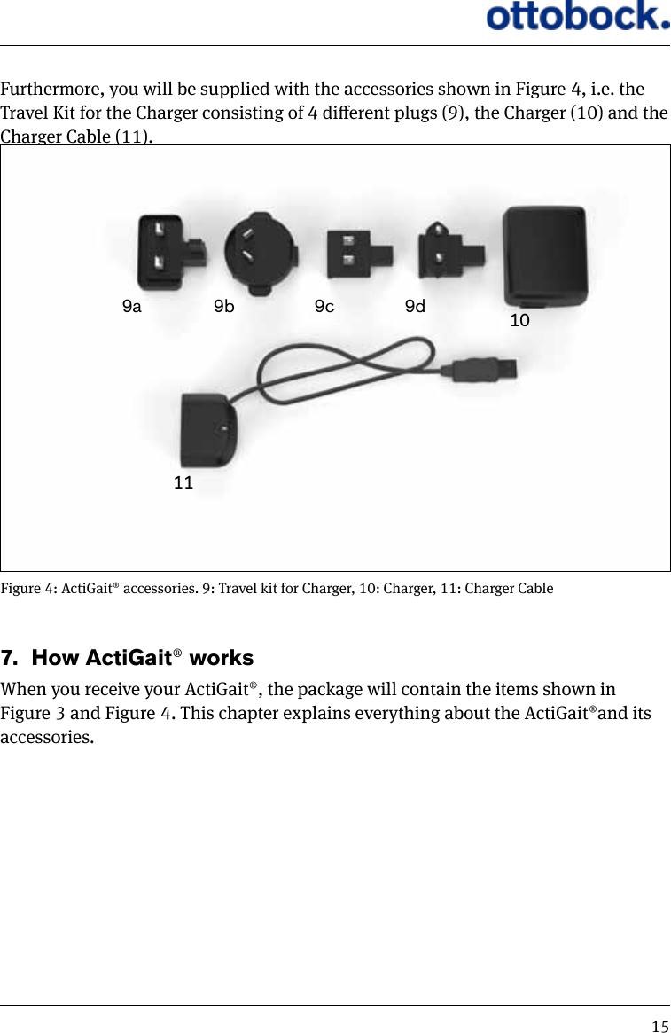 15Furthermore, you will be supplied with the accessories shown in Figure 4, i.e. the Travel Kit for the Charger consisting of 4 dierent plugs (9), the Charger (10) and the Charger Cable (11).7.  How ActiGait&reg; works When you receive your ActiGait&reg;, the package will contain the items shown in Figure 3 and Figure 4. This chapter explains everything about the ActiGait&reg;and its accessories.9a 9d9b 9c 1011Figure 4: ActiGait&reg; accessories. 9: Travel kit for Charger, 10: Charger, 11: Charger Cable 