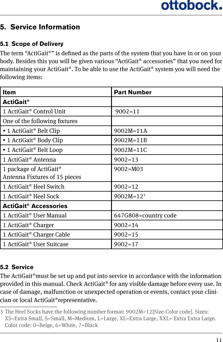 115.  Service Information5.1  Scope of DeliveryThe term &ldquo;ActiGait&reg;&rdquo; is dened as the parts of the system that you have in or on your body. Besides this you will be given various &ldquo;ActiGait&reg; accessories&rdquo; that you need for maintaining your ActiGait&reg;. To be able to use the ActiGait&reg; system you will need the following items:Item Part NumberActiGait&reg;1 ActiGait&reg; Control Unit  9002=11One of the following xtures 1 ActiGait&reg; Belt Clip 9002M=11A 1 ActiGait&reg; Body Clip 9002M=11B 1 ActiGait&reg; Belt Loop 9002M=11C1 ActiGait&reg; Antenna 9002=131 package of ActiGait&reg;Antenna Fixtures of 15 pieces9002=M031 ActiGait&reg; Heel Switch 9002=121 ActiGait&reg; Heel Sock 9002M=123ActiGait&reg; Accessories1 ActiGait&reg; User Manual 647G808=country code1 ActiGait&reg; Charger 9002=141 ActiGait&reg; Charger Cable 9002=151 ActiGait&reg; User Suitcase 9002=175.2  ServiceThe ActiGait&reg;must be set up and put into service in accordance with the information provided in this manual. Check ActiGait&reg; for any visible damage before every use. In case of damage, malfunction or unexpected operation or events, contact your clini-cian or local ActiGait&reg;representative.33 The Heel Socks have the following number format: 9002M=12[Size-Color code]. Sizes: XS=Extra Small, S=Small, M=Medium, L=Large, XL=Extra Large, XXL= Extra Extra Large. Color code: 0=Beige, 6=White, 7=Black