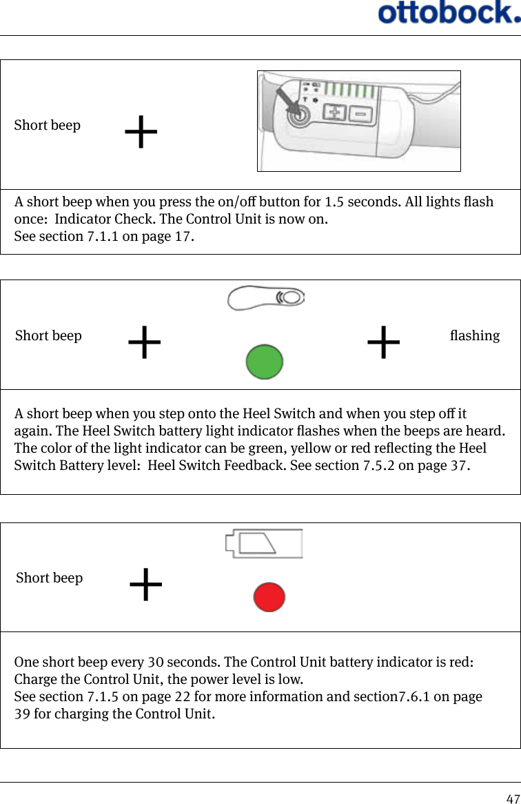 47Short  beep              +A short beep when you press the on/o button for 1.5 seconds. All lights ash once:  Indicator Check. The Control Unit is now on. See section 7.1.1 on page 17.Short  beep                        + + ashingA short beep when you step onto the Heel Switch and when you step o it again. The Heel Switch battery light indicator ashes when the beeps are heard. The color of the light indicator can be green, yellow or red reecting the Heel Switch Battery level:  Heel Switch Feedback. See section 7.5.2 on page 37.Short beep +One short beep every 30 seconds. The Control Unit battery indicator is red:Charge the Control Unit, the power level is low.See section 7.1.5 on page 22 for more information and section7.6.1 on page 39 for charging the Control Unit.