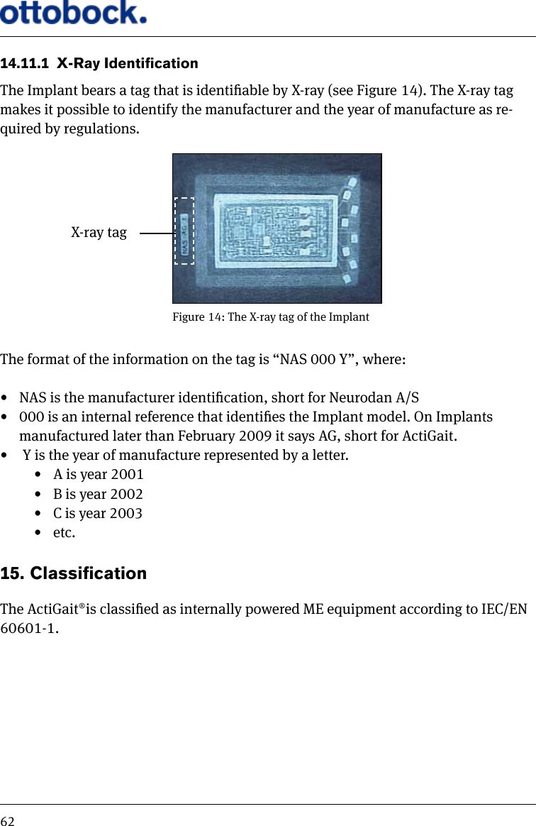 6214.11.1  X-RayIdenticationThe Implant bears a tag that is identiable by X-ray (see Figure 14). The X-ray tag makes it possible to identify the manufacturer and the year of manufacture as re-quired by regulations.The format of the information on the tag is &ldquo;NAS 000 Y&rdquo;, where:&bull;  NAS is the manufacturer identication, short for Neurodan A/S&bull;  000 is an internal reference that identies the Implant model. On Implants manufactured later than February 2009 it says AG, short for ActiGait.&bull;   Y is the year of manufacture represented by a letter. &bull;  A is year 2001 &bull;  B is year 2002 &bull;  C is year 2003&bull;  etc.15. ClassicationThe ActiGait&reg;is classied as internally powered ME equipment according to IEC/EN 60601-1.Figure 14: The X-ray tag of the ImplantX-ray tag