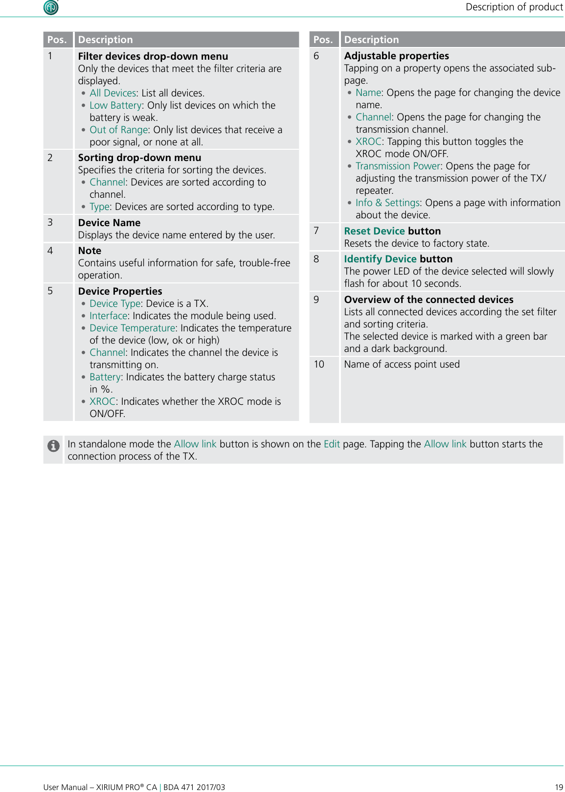 19User Manual – XIRIUM PRO® CA | BDA 471 2017/03Description of productPos. Description1Filter devices drop-down menuOnly the devices that meet the lter criteria are displayed. •All Devices: List all devices. •Low Battery: Only list devices on which the battery is weak. •Out of Range: Only list devices that receive a poor signal, or none at all.2Sorting drop-down menuSpecies the criteria for sorting the devices. •Channel: Devices are sorted according to channel. •Type: Devices are sorted according to type.3Device NameDisplays the device name entered by the user.4NoteContains useful information for safe, trouble-free operation.5Device Properties •Device Type: Device is a TX. •Interface: Indicates the module being used. •Device Temperature: Indicates the temperature of the device (low, ok or high) •Channel: Indicates the channel the device is transmitting on. •Battery: Indicates the battery charge status  in %. •XROC: Indicates whether the XROC mode is ON/OFF.Pos. Description6Adjustable propertiesTapping on a property opens the associated sub-page. •Name: Opens the page for changing the device name. •Channel: Opens the page for changing the transmission channel. •XROC: Tapping this button toggles the XROC mode ON/OFF. •Transmission Power: Opens the page for adjusting the transmission power of the TX/repeater. •Info &amp; Settings: Opens a page with information about the device.7Reset Device buttonResets the device to factory state.8Identify Device buttonThe power LED of the device selected will slowly ash for about 10 seconds.9Overview of the connected devicesLists all connected devices according the set lter and sorting criteria.The selected device is marked with a green bar and a dark background.10 Name of access point usedIn standalone mode the Allow link button is shown on the Edit page. Tapping the Allow link button starts the connection process of the TX.