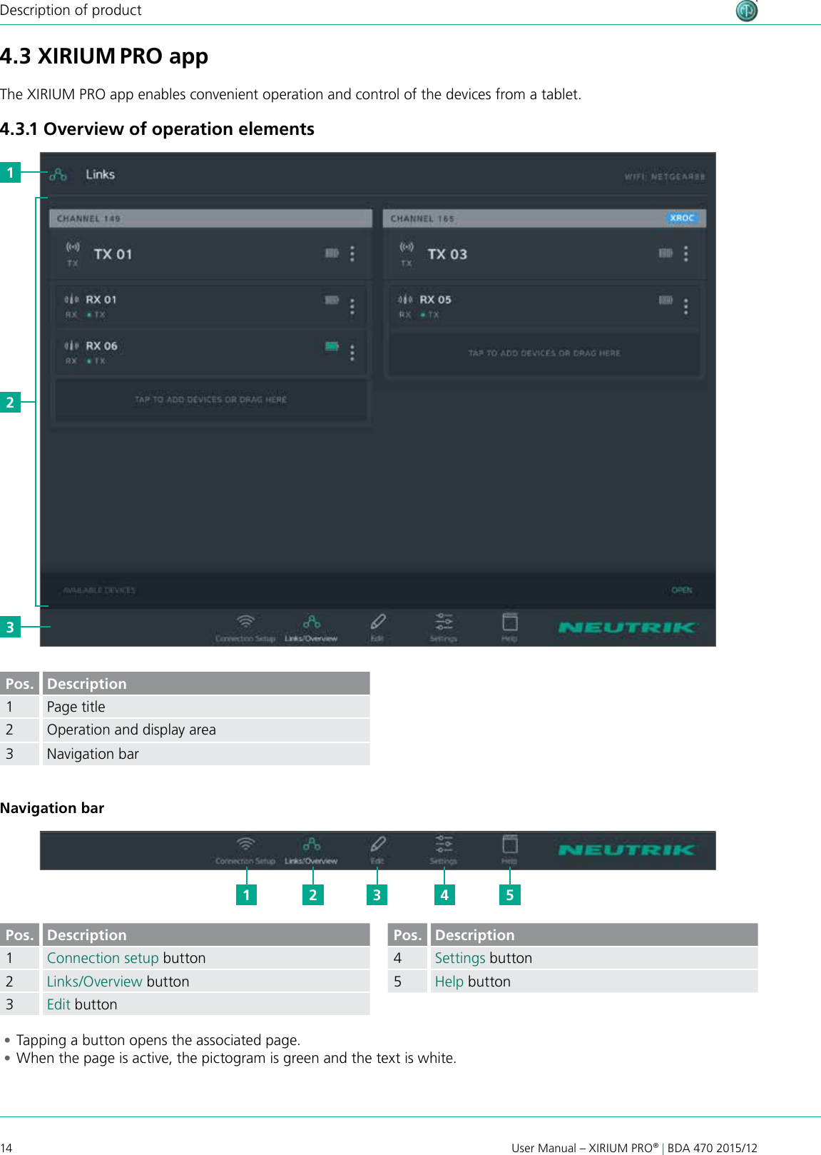 14 User Manual – XIRIUM PRO® | BDA 470 2015/12Description of product4.3 XIRIUM PRO appThe XIRIUM PRO app enables convenient operation and control of the devices from a tablet.4.3.1 Overview of operation elements2321 3 4 51Pos. Description1Page title2Operation and display area3 Navigation barNavigation barPos. Description1Connection setup button2Links/Overview button3Edit buttonPos. Description4Settings button5Help button •Tapping a button opens the associated page. •When the page is active, the pictogram is green and the text is white.