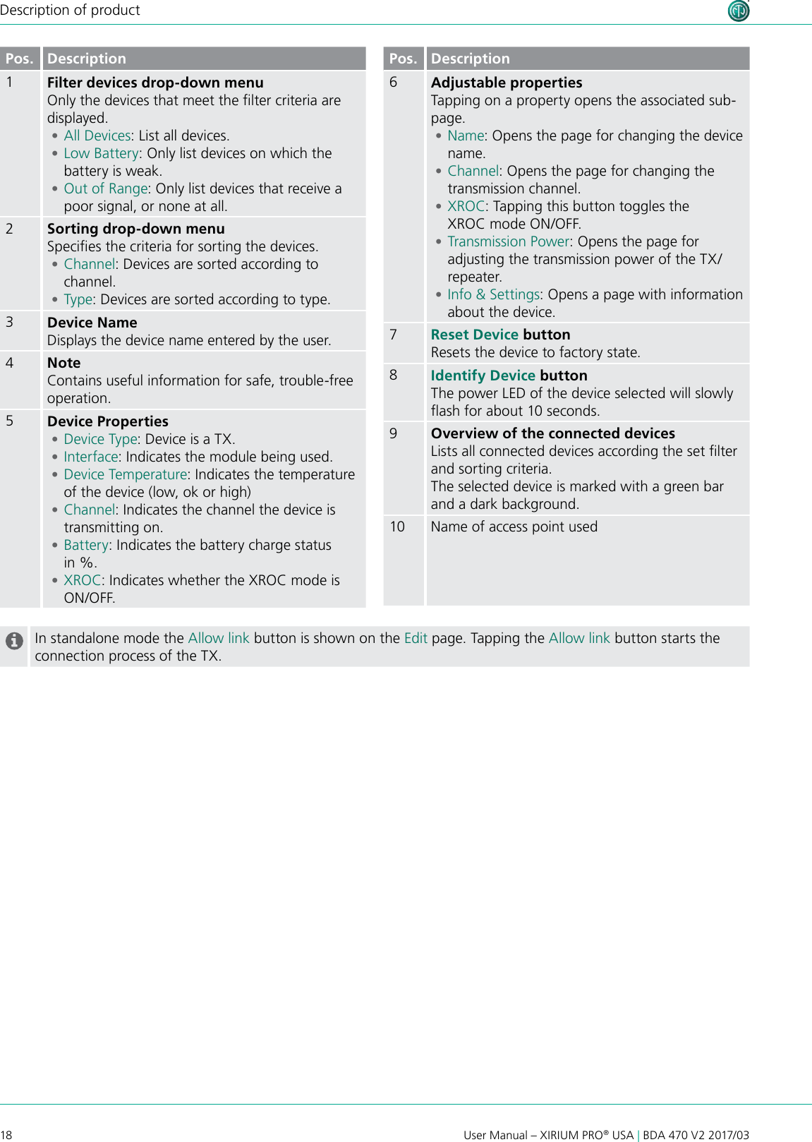 18 User Manual – XIRIUM PRO® USA | BDA 470 V2 2017/03Description of productPos. Description1Filter devices drop-down menuOnly the devices that meet the lter criteria are displayed. •All Devices: List all devices. •Low Battery: Only list devices on which the battery is weak. •Out of Range: Only list devices that receive a poor signal, or none at all.2Sorting drop-down menuSpecies the criteria for sorting the devices. •Channel: Devices are sorted according to channel. •Type: Devices are sorted according to type.3Device NameDisplays the device name entered by the user.4NoteContains useful information for safe, trouble-free operation.5Device Properties •Device Type: Device is a TX. •Interface: Indicates the module being used. •Device Temperature: Indicates the temperature of the device (low, ok or high) •Channel: Indicates the channel the device is transmitting on. •Battery: Indicates the battery charge status  in %. •XROC: Indicates whether the XROC mode is ON/OFF.Pos. Description6Adjustable propertiesTapping on a property opens the associated sub-page. •Name: Opens the page for changing the device name. •Channel: Opens the page for changing the transmission channel. •XROC: Tapping this button toggles the XROC mode ON/OFF. •Transmission Power: Opens the page for adjusting the transmission power of the TX/repeater. •Info &amp; Settings: Opens a page with information about the device.7Reset Device buttonResets the device to factory state.8Identify Device buttonThe power LED of the device selected will slowly ash for about 10 seconds.9Overview of the connected devicesLists all connected devices according the set lter and sorting criteria.The selected device is marked with a green bar and a dark background.10 Name of access point usedIn standalone mode the Allow link button is shown on the Edit page. Tapping the Allow link button starts the connection process of the TX.