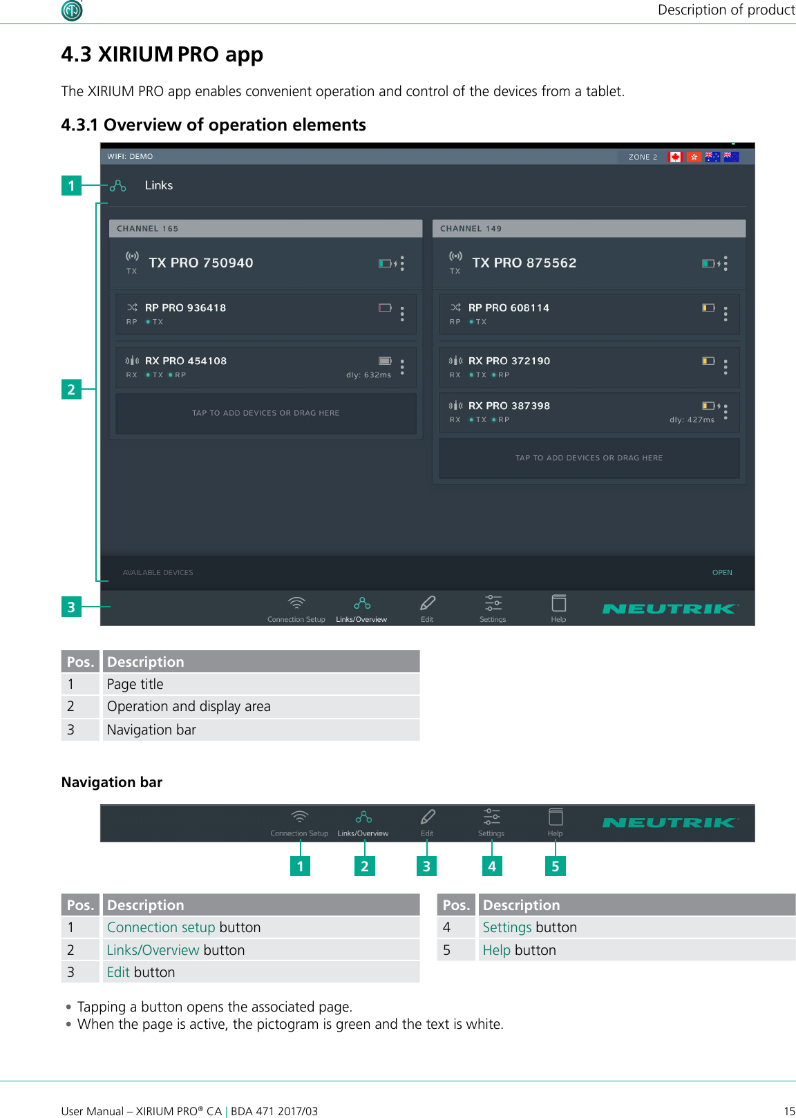 15User Manual – XIRIUM PRO® CA | BDA 471 2017/03Description of product4.3 XIRIUM PRO appThe XIRIUM PRO app enables convenient operation and control of the devices from a tablet.4.3.1 Overview of operation elements2321 3 4 51Pos. Description1Page title2Operation and display area3 Navigation barNavigation barPos. Description1Connection setup button2Links/Overview button3Edit buttonPos. Description4Settings button5Help button •Tapping a button opens the associated page. •When the page is active, the pictogram is green and the text is white.