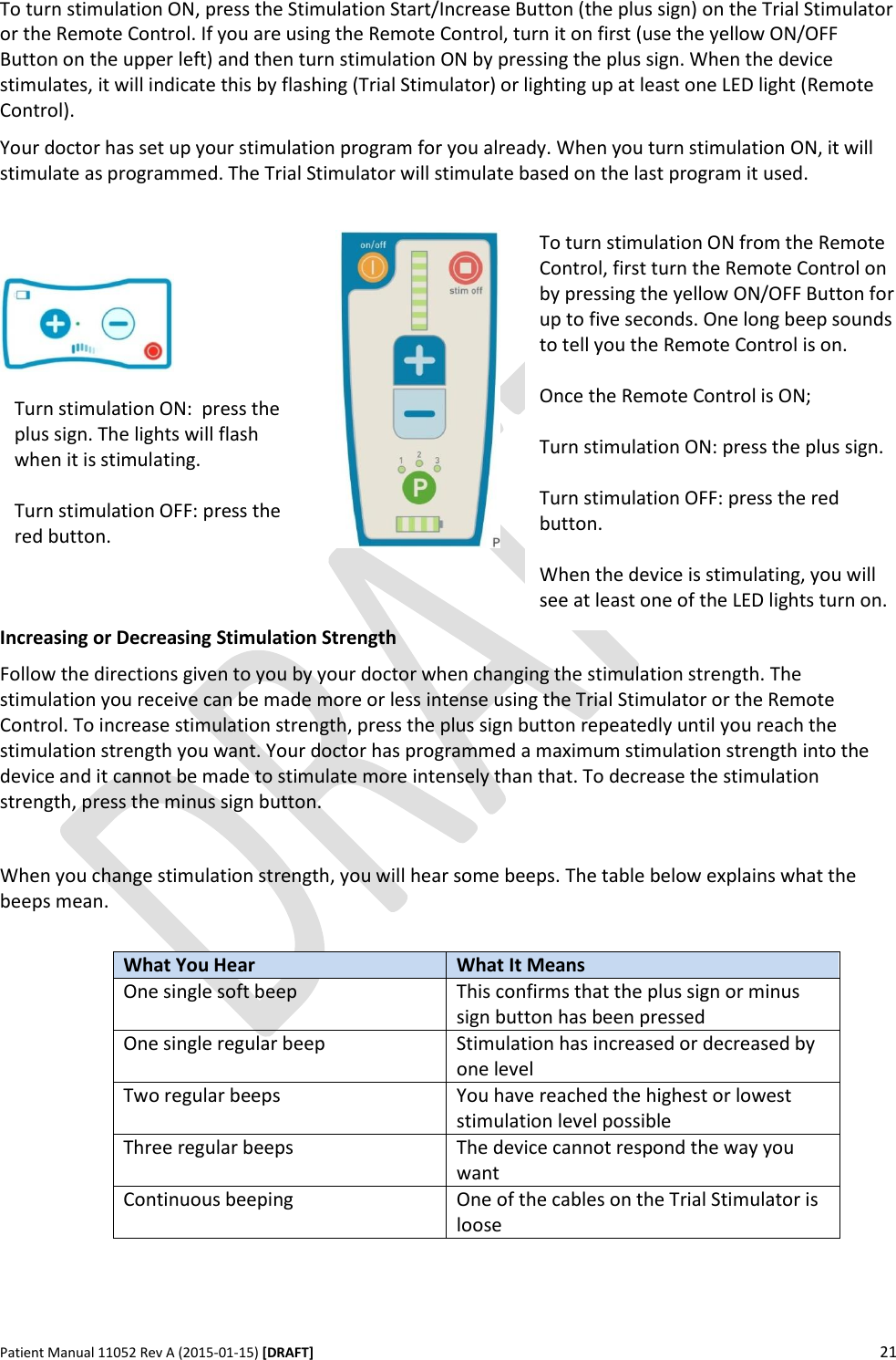      Patient Manual 11052 Rev A (2015-01-15) [DRAFT] 21   To turn stimulation ON, press the Stimulation Start/Increase Button (the plus sign) on the Trial Stimulator or the Remote Control. If you are using the Remote Control, turn it on first (use the yellow ON/OFF Button on the upper left) and then turn stimulation ON by pressing the plus sign. When the device stimulates, it will indicate this by flashing (Trial Stimulator) or lighting up at least one LED light (Remote Control).  Your doctor has set up your stimulation program for you already. When you turn stimulation ON, it will stimulate as programmed. The Trial Stimulator will stimulate based on the last program it used.             Increasing or Decreasing Stimulation Strength Follow the directions given to you by your doctor when changing the stimulation strength. The stimulation you receive can be made more or less intense using the Trial Stimulator or the Remote Control. To increase stimulation strength, press the plus sign button repeatedly until you reach the stimulation strength you want. Your doctor has programmed a maximum stimulation strength into the device and it cannot be made to stimulate more intensely than that. To decrease the stimulation strength, press the minus sign button.  When you change stimulation strength, you will hear some beeps. The table below explains what the beeps mean.  What You Hear What It Means One single soft beep This confirms that the plus sign or minus sign button has been pressed One single regular beep Stimulation has increased or decreased by one level Two regular beeps You have reached the highest or lowest stimulation level possible Three regular beeps The device cannot respond the way you want Continuous beeping One of the cables on the Trial Stimulator is loose  Turn stimulation ON:  press the plus sign. The lights will flash when it is stimulating.   Turn stimulation OFF: press the red button. To turn stimulation ON from the Remote Control, first turn the Remote Control on by pressing the yellow ON/OFF Button for up to five seconds. One long beep sounds to tell you the Remote Control is on.  Once the Remote Control is ON;  Turn stimulation ON: press the plus sign.   Turn stimulation OFF: press the red button.  When the device is stimulating, you will see at least one of the LED lights turn on. 