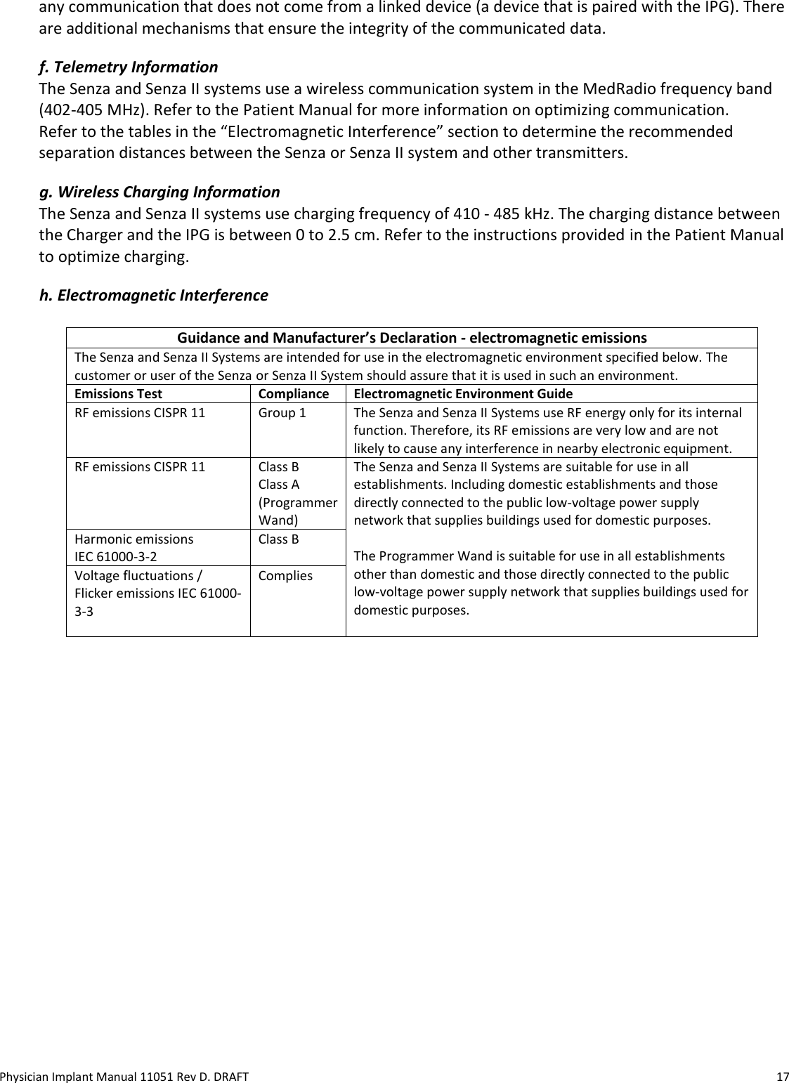 Physician Implant Manual 11051 Rev D. DRAFT  17 any communication that does not come from a linked device (a device that is paired with the IPG). There are additional mechanisms that ensure the integrity of the communicated data.  f. Telemetry Information The Senza and Senza II systems use a wireless communication system in the MedRadio frequency band (402-405 MHz). Refer to the Patient Manual for more information on optimizing communication.  Refer to the tables in the “Electromagnetic Interference” section to determine the recommended separation distances between the Senza or Senza II system and other transmitters.  g. Wireless Charging Information  The Senza and Senza II systems use charging frequency of 410 - 485 kHz. The charging distance between the Charger and the IPG is between 0 to 2.5 cm. Refer to the instructions provided in the Patient Manual to optimize charging. h. Electromagnetic Interference   Guidance and Manufacturer’s Declaration - electromagnetic emissions The Senza and Senza II Systems are intended for use in the electromagnetic environment specified below. The customer or user of the Senza or Senza II System should assure that it is used in such an environment. Emissions Test Compliance Electromagnetic Environment Guide RF emissions CISPR 11 Group 1 The Senza and Senza II Systems use RF energy only for its internal function. Therefore, its RF emissions are very low and are not likely to cause any interference in nearby electronic equipment. RF emissions CISPR 11 Class B Class A (Programmer Wand) The Senza and Senza II Systems are suitable for use in all establishments. Including domestic establishments and those directly connected to the public low-voltage power supply network that supplies buildings used for domestic purposes.  The Programmer Wand is suitable for use in all establishments other than domestic and those directly connected to the public low-voltage power supply network that supplies buildings used for domestic purposes.  Harmonic emissions  IEC 61000-3-2 Class B Voltage fluctuations / Flicker emissions IEC 61000-3-3 Complies     