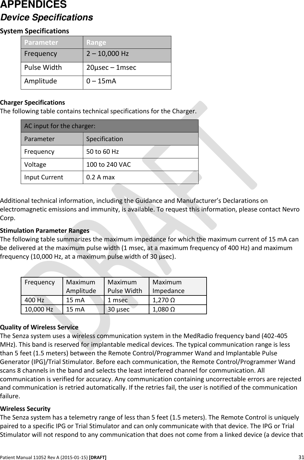      Patient Manual 11052 Rev A (2015-01-15) [DRAFT] 31   APPENDICES Device Specifications System Specifications Parameter Range Frequency  2 – 10,000 Hz Pulse Width 20μsec – 1msec Amplitude 0 – 15mA  Charger Specifications The following table contains technical specifications for the Charger. AC input for the charger: Parameter Specification Frequency 50 to 60 Hz Voltage 100 to 240 VAC Input Current 0.2 A max  Additional technical information, including the Guidance and Manufacturer’s Declarations on electromagnetic emissions and immunity, is available. To request this information, please contact Nevro Corp. Stimulation Parameter Ranges   The following table summarizes the maximum impedance for which the maximum current of 15 mA can be delivered at the maximum pulse width (1 msec, at a maximum frequency of 400 Hz) and maximum frequency (10,000 Hz, at a maximum pulse width of 30 µsec).   Frequency Maximum Amplitude Maximum Pulse Width Maximum Impedance 400 Hz 15 mA 1 msec 1,270 Ω 10,000 Hz 15 mA 30 µsec 1,080 Ω  Quality of Wireless Service  The Senza system uses a wireless communication system in the MedRadio frequency band (402-405 MHz). This band is reserved for implantable medical devices. The typical communication range is less than 5 feet (1.5 meters) between the Remote Control/Programmer Wand and Implantable Pulse Generator (IPG)/Trial Stimulator. Before each communication, the Remote Control/Programmer Wand scans 8 channels in the band and selects the least interfered channel for communication. All communication is verified for accuracy. Any communication containing uncorrectable errors are rejected and communication is retried automatically. If the retries fail, the user is notified of the communication failure. Wireless Security  The Senza system has a telemetry range of less than 5 feet (1.5 meters). The Remote Control is uniquely paired to a specific IPG or Trial Stimulator and can only communicate with that device. The IPG or Trial Stimulator will not respond to any communication that does not come from a linked device (a device that 