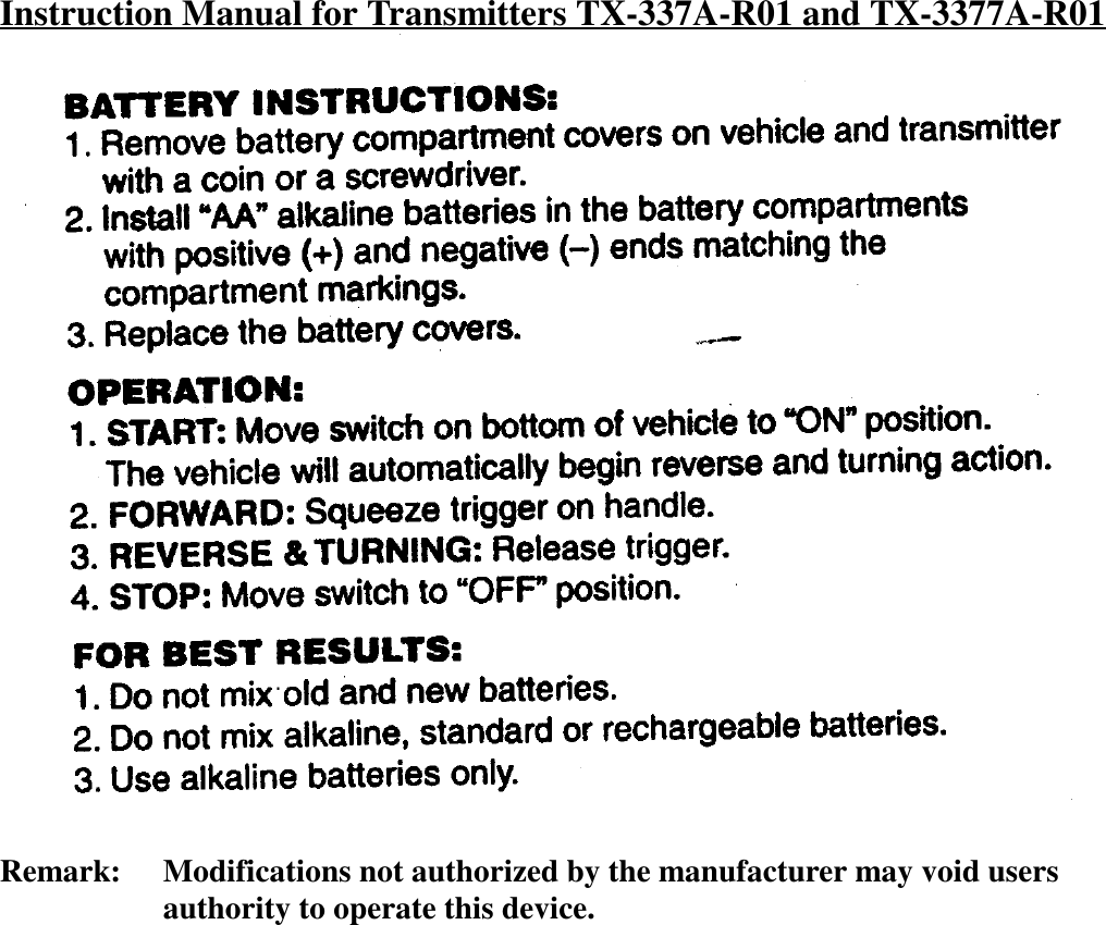 Instruction Manual for Transmitters TX-337A-R01 and TX-3377A-R01Remark:Modifications not authorized by the manufacturer may void usersauthority to operate this device.