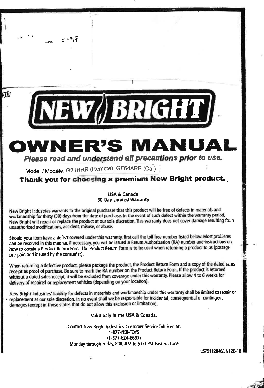 Page 1 of New Bright Co G21HRR TOY Transmitter User Manual 