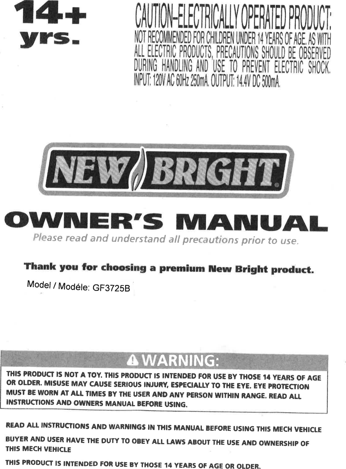 Page 1 of New Bright Co GF3725B TOY Receiver User Manual 