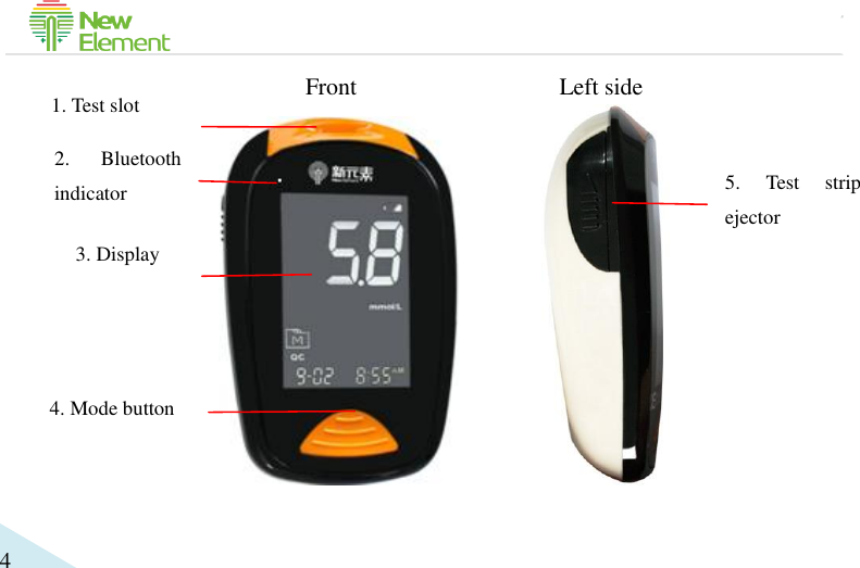                                             4      Front                 Left side             1. Test slot 2.  Bluetooth indicator 3. Display 4. Mode button 5.  Test  strip ejector 