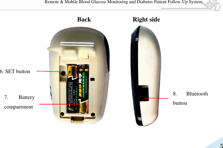   5 Remote &amp; Mobile Blood Glucose Monitoring and Diabetes Patient Follow-Up System               Back             Right side                             6. SET button 7.  Battery compartment 8.  Bluetooth button 