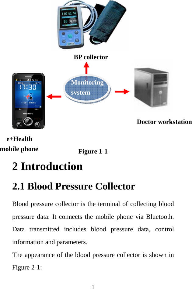 1              Figure 1-1 2 Introduction 2.1 Blood Pressure Collector Blood pressure collector is the terminal of collecting blood pressure data. It connects the mobile phone via Bluetooth. Data transmitted includes blood pressure data, control information and parameters.   The appearance of the blood pressure collector is shown in Figure 2-1: BP collector Doctor workstation e+Health mobile phone 监护系统 Monitoring system