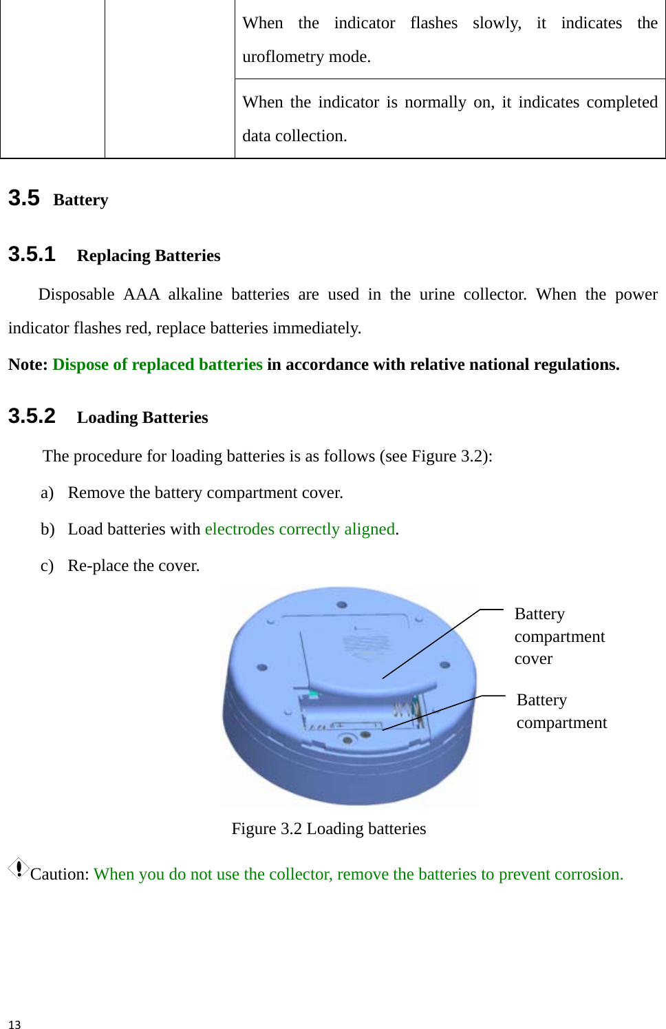 13When the indicator flashes slowly, it indicates the uroflometry mode.   When the indicator is normally on, it indicates completed data collection.   3.5  Battery 3.5.1   Replacing Batteries Disposable AAA alkaline batteries are used in the urine collector. When the power indicator flashes red, replace batteries immediately.   Note: Dispose of replaced batteries in accordance with relative national regulations. 3.5.2   Loading Batteries The procedure for loading batteries is as follows (see Figure 3.2): a) Remove the battery compartment cover. b) Load batteries with electrodes correctly aligned. c) Re-place the cover.  Figure 3.2 Loading batteries Caution: When you do not use the collector, remove the batteries to prevent corrosion. Battery compartment coverBattery compartment
