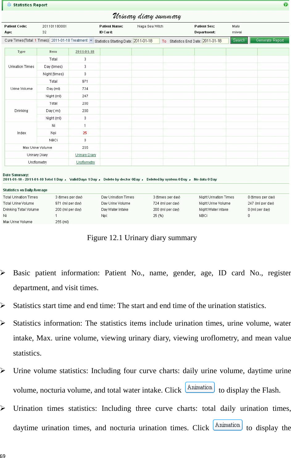 69 Figure 12.1 Urinary diary summary    ¾ Basic patient information: Patient No., name, gender, age, ID card No., register department, and visit times.   ¾ Statistics start time and end time: The start and end time of the urination statistics. ¾ Statistics information: The statistics items include urination times, urine volume, water intake, Max. urine volume, viewing urinary diary, viewing uroflometry, and mean value statistics.  ¾ Urine volume statistics: Including four curve charts: daily urine volume, daytime urine volume, nocturia volume, and total water intake. Click    to display the Flash.   ¾ Urination times statistics: Including three curve charts: total daily urination times, daytime urination times, and nocturia urination times. Click   to display the 