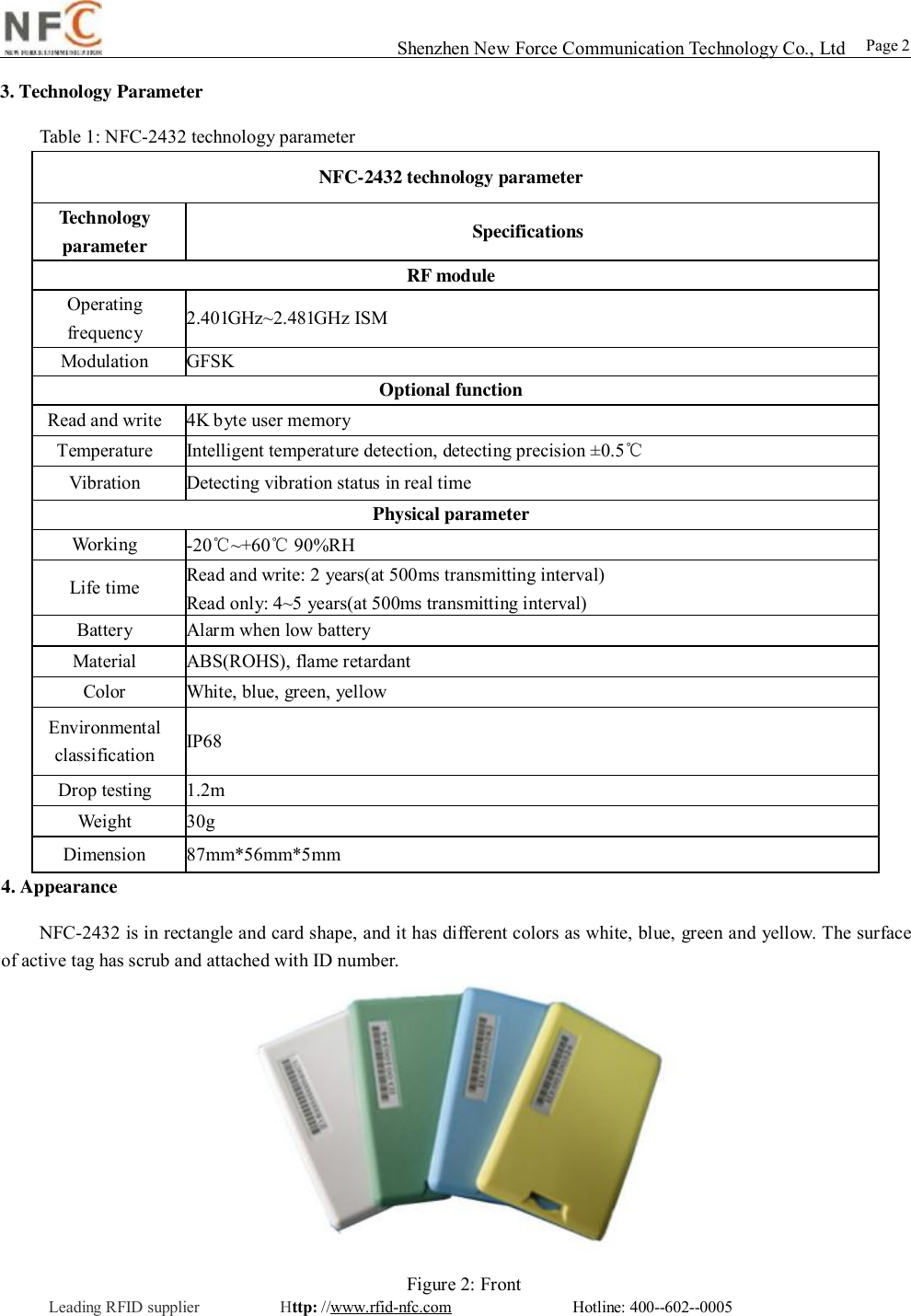                                                                                                                                                                                                                                                                                                                                        Shenzhen New Force Communication Technology Co., Ltd                                                     Leading RFID supplier          Http: //www.rfid-nfc.com               Hotline: 400--602--0005                                                        Page 2 3. Technology Parameter  Table 1: NFC-2432 technology parameter  NFC-2432 technology parameter Technology parameter  Specifications RF module Operating frequency  2.401GHz~2.481GHz ISM Modulation  GFSK Optional function Read and write  4K byte user memory Temperature  Intelligent temperature detection, detecting precision &plusmn;0.5℃ Vibration  Detecting vibration status in real time Physical parameter Working  -20℃~+60℃ 90%RH Life time  Read and write: 2 years(at 500ms transmitting interval) Read only: 4~5 years(at 500ms transmitting interval) Battery  Alarm when low battery Material  ABS(ROHS), flame retardant Color  White, blue, green, yellow Environmental classification  IP68 Drop testing  1.2m Weight  30g Dimension  87mm*56mm*5mm  4. Appearance NFC-2432 is in rectangle and card shape, and it has different colors as white, blue, green and yellow. The surface of active tag has scrub and attached with ID number.       Figure 2: Front 
