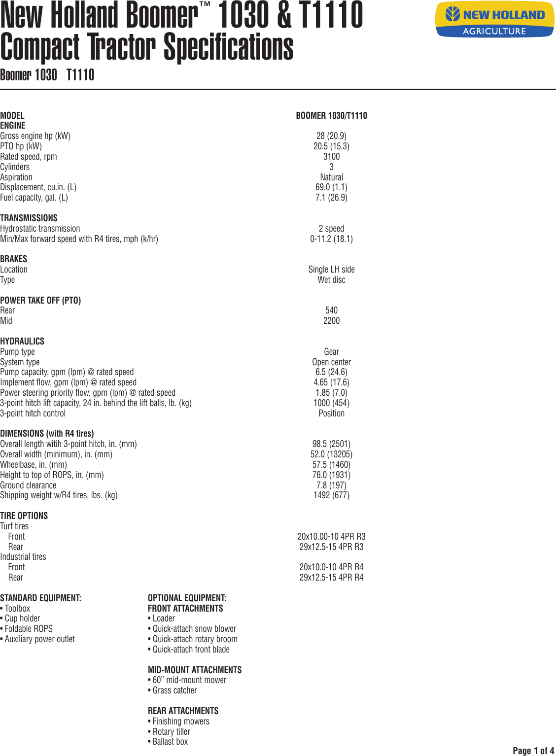 Page 1 of 4 - New-Holland New-Holland-Boomer-1030-Users-Manual- NH Spec Sheet Master_4col(vert)  New-holland-boomer-1030-users-manual